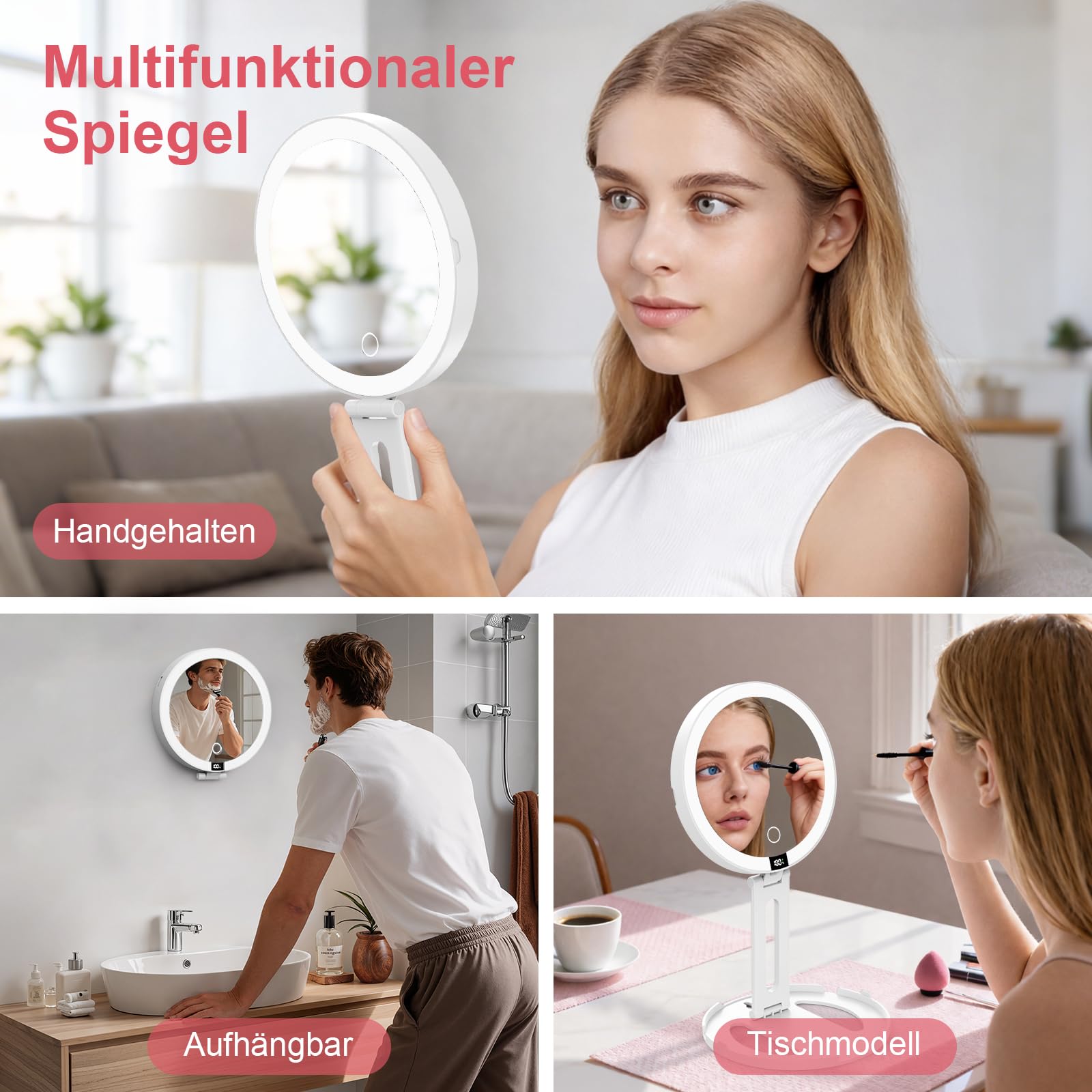 SURFOU Specchio Trucco con Luci LED Ricaricabile USB, 1500mAh Pieghevole Portatile Doppia Faccia 1X/20X, 3 Modalità Luce Regolabile Touch Memoria, Ideale per Make up Bagno e Viaggio