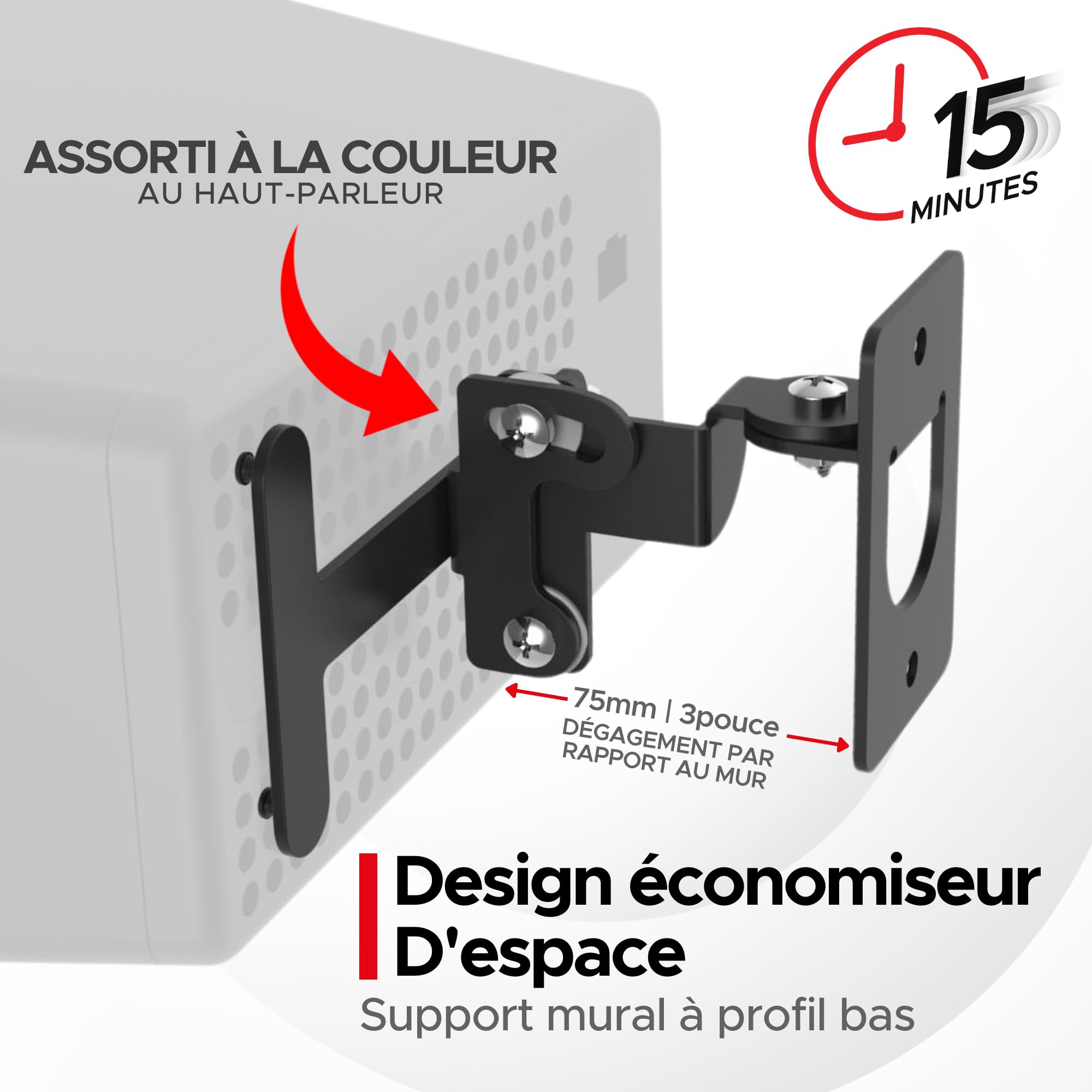Sound Bass Play 3 Support Mural Noir, Paire (2pcs), Inclinable & Pivotant
