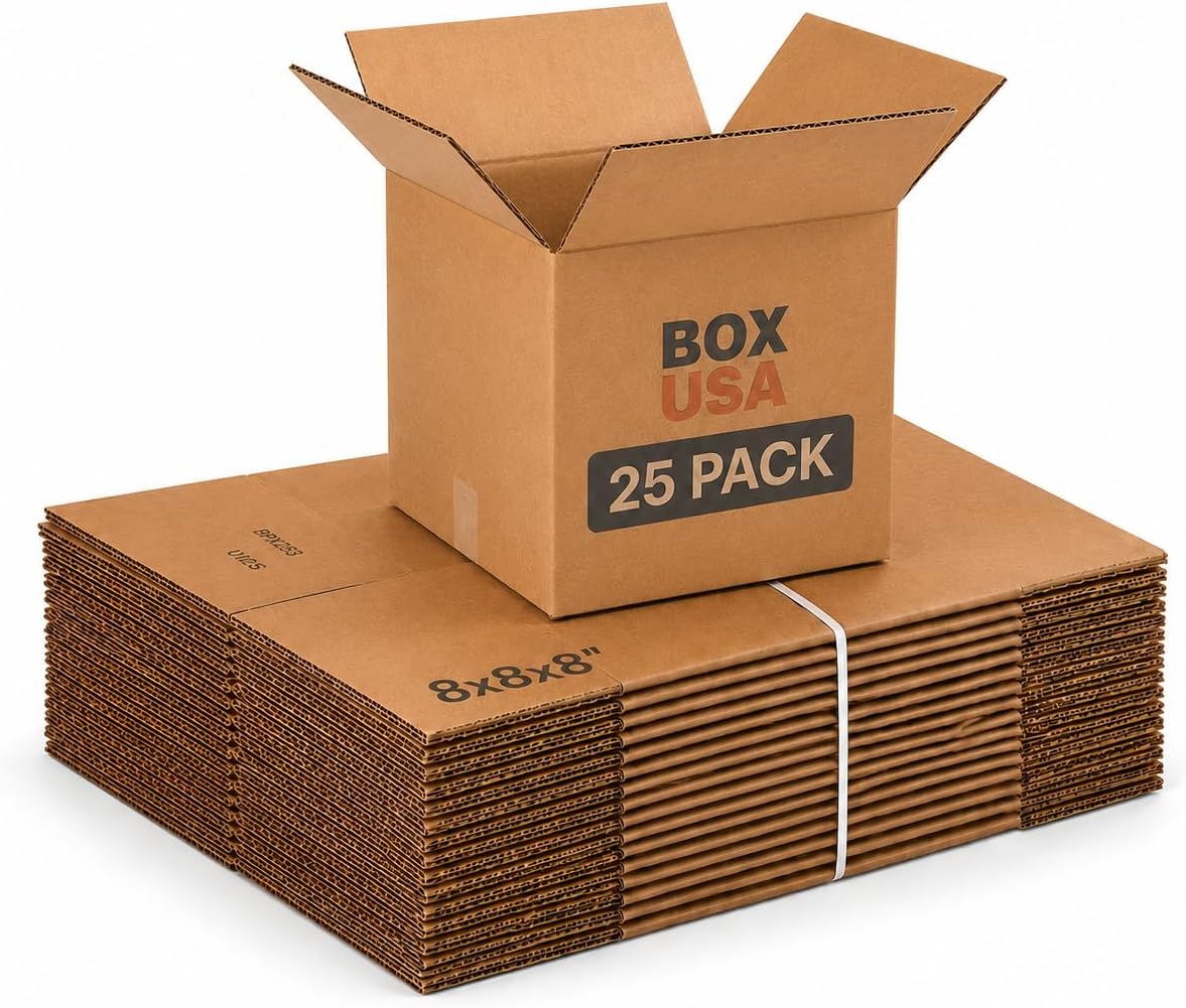 BOX USA Cube Shipping Boxes 8"L x 8"W x 8"H (25-Pack) - Small Corrugated Cardboard Packaging Boxes for Shipping, Packing, Moving, and Storage at Home, Office, or Business