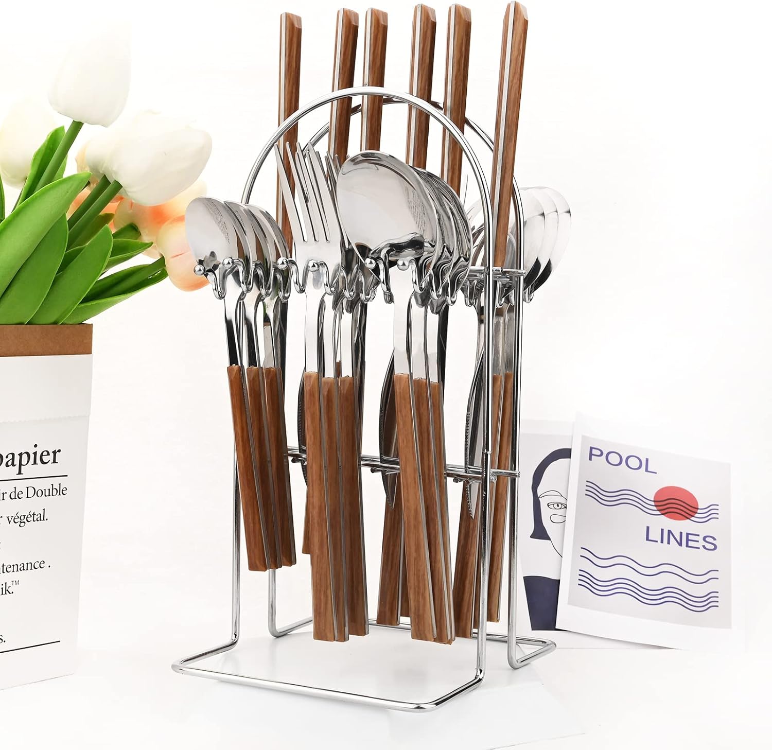 Silverware Set, 24 Piece Mirror Flatware Set With Stand, Stainless Steel Utensils With Wooden Handle, A Complete Cutlery Set For Most Families, Service For 6