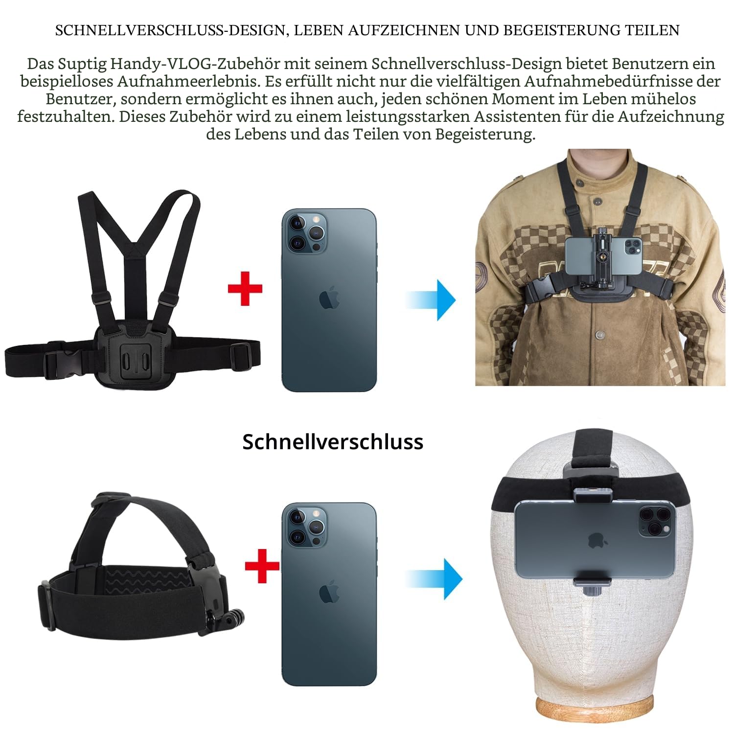 Suptig Handy-Brustgurt-Halterungs-Set für POV/VLOG, Handy-Clip für iPhone, Samsung, GoPro Hero 13, Hero 12, 11, 10, 9, 8, 7, 6, 5, 4, 3, 2, 1, Akaso, DJI Osmo Action Cam