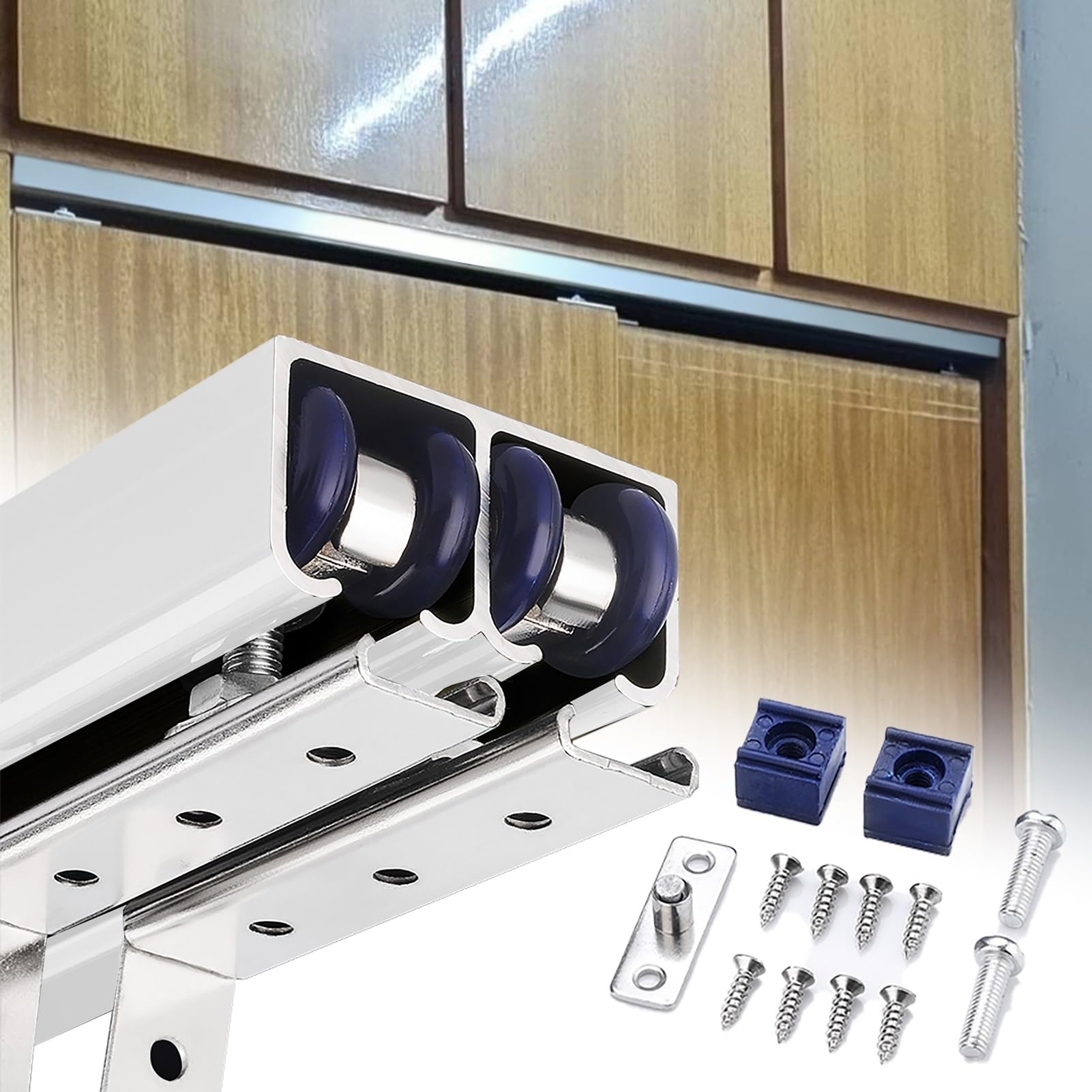 EBZFASO Sliding Door Track, Top Mount U Channel Sliding Door Kit 4 Wheel Rollers Bypass Rail(Silver,2.4m/7.9ft)