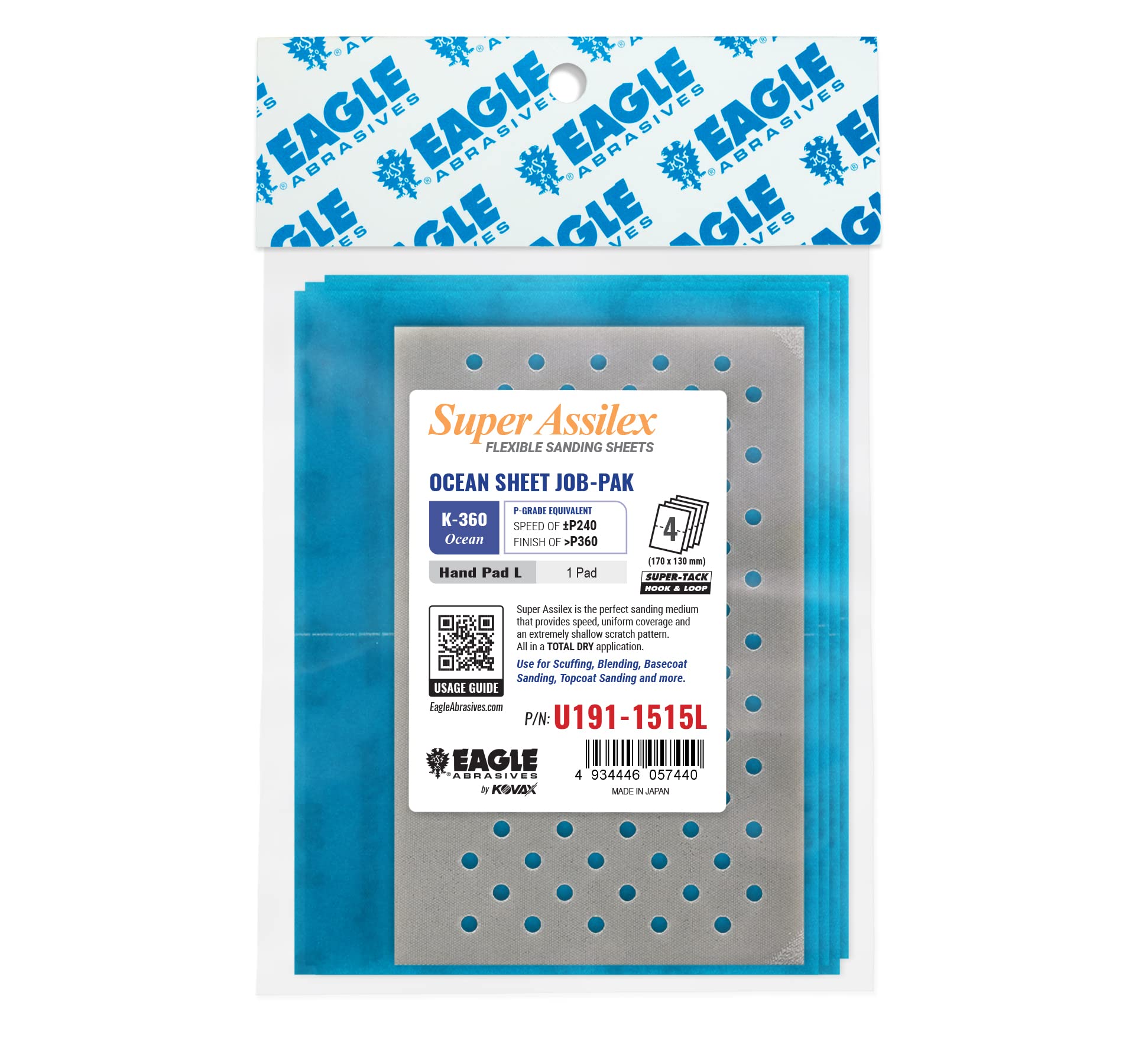 Super Assilex Flexible Sanding Sheets Job-PAK, Ocean K-360, U191-1515L, 4 Sheets + 1 L Hand Pad for Full Sheets