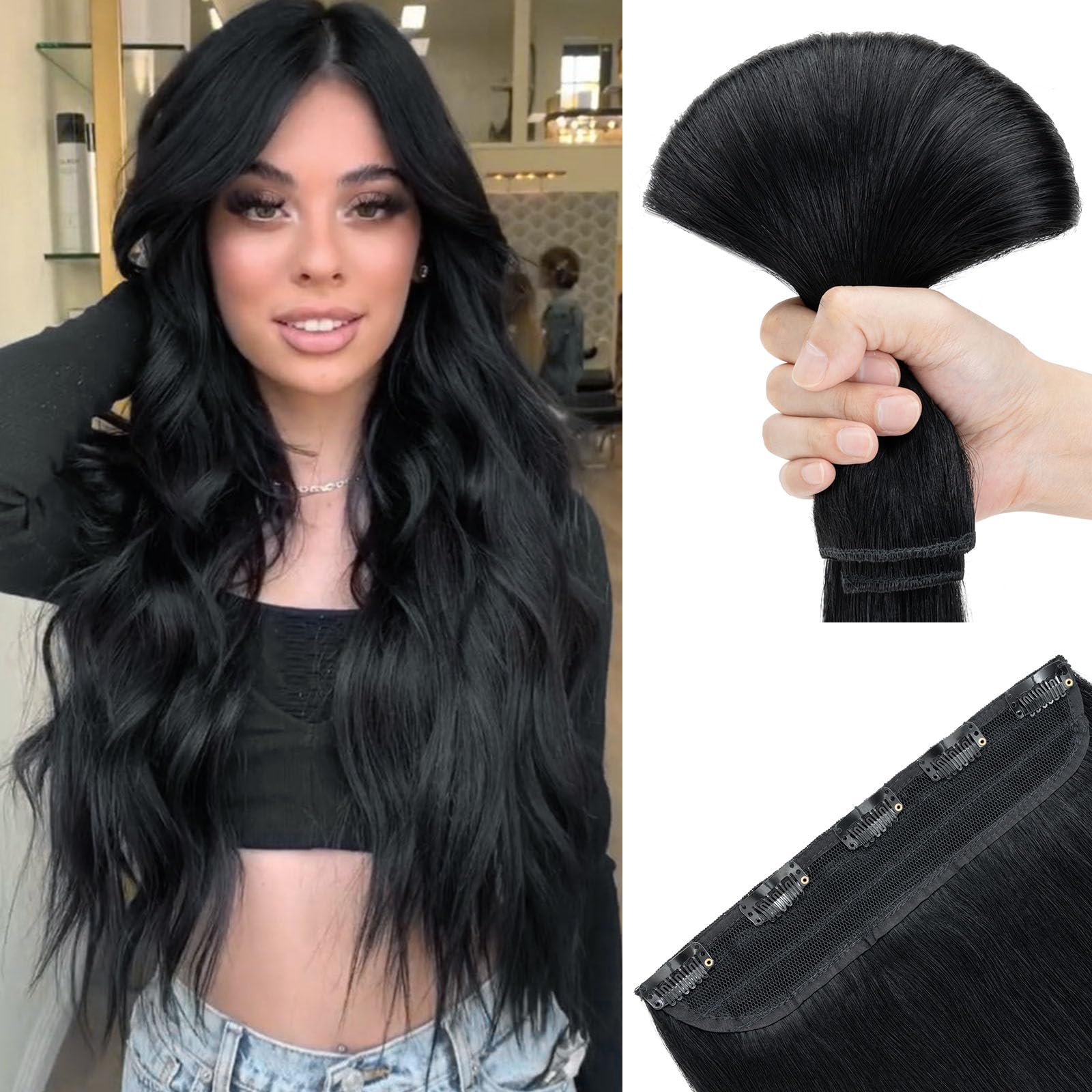 SEGOHAIR Clip in Human Hair Extensions, 20" One Piece 5 Clips Thick Clip in Hair Extension - 3/4 Full Head - Jet Black