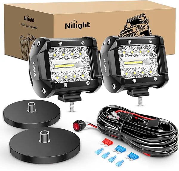Nilight 2PC 4Inch Triple Row Lights 60W Flood Spot Combo 6000LM Bar Driving Boat Led Off Road Trucks with 2PC Magnetic Base LED Light Bar Mounting Brackets Switch Wiring Harness Kit, 2 Years Warranty