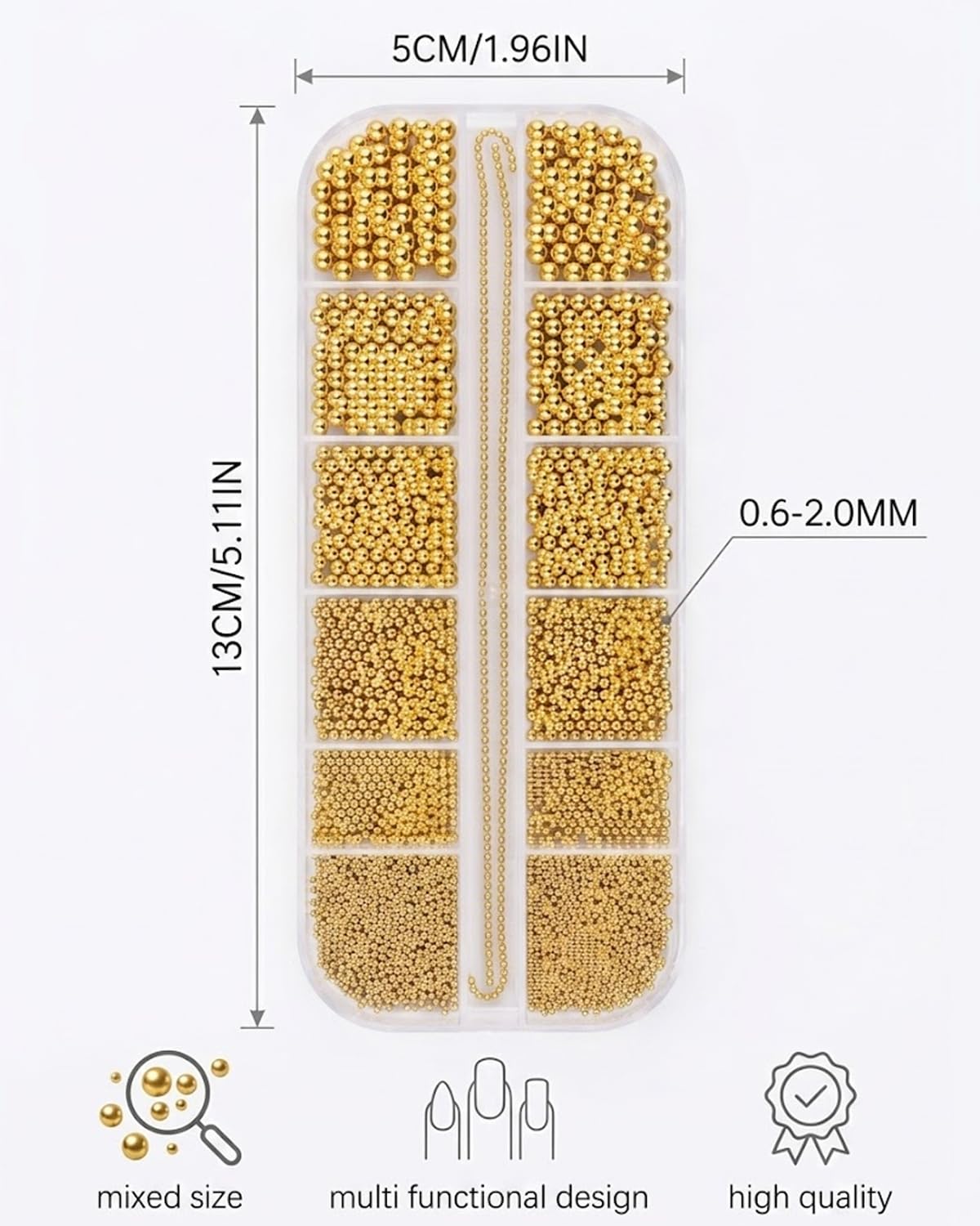 1 Boîte Perles Acier Doré pour Ongles, Coffret 12 Compartiments (0.6-2.0mm) + Chaînes Or, Assortiment Multi-Tailles pour Nail Art 3D DIY & Pro