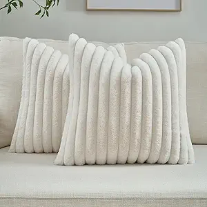 FUTEI Cream White Striped Decorative Throw Pillow Covers 26x26 Inch Set of 2,Square Fall Decorations Couch Euro Pillow Shams,Soft Cozy Faux Rabbit Fur & Velvet Back,Modern Home Decor for Bed