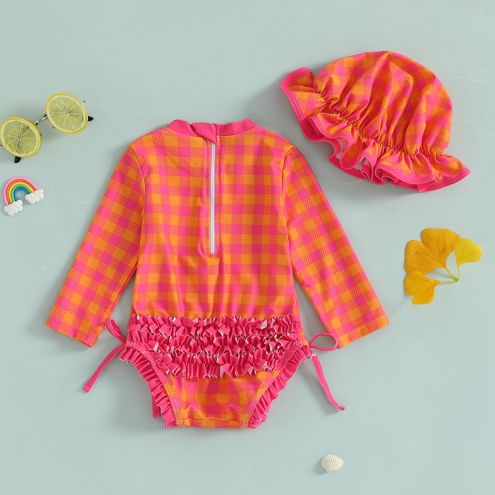 KMBANGI Newborn Toddler Baby Girl Swimsuit Long Sleeve One Piece Rash Guard Ruffle Butts Bathing Suit Swimwear with Hat 0-24M (Sunset Gingham, 18-24 Months)