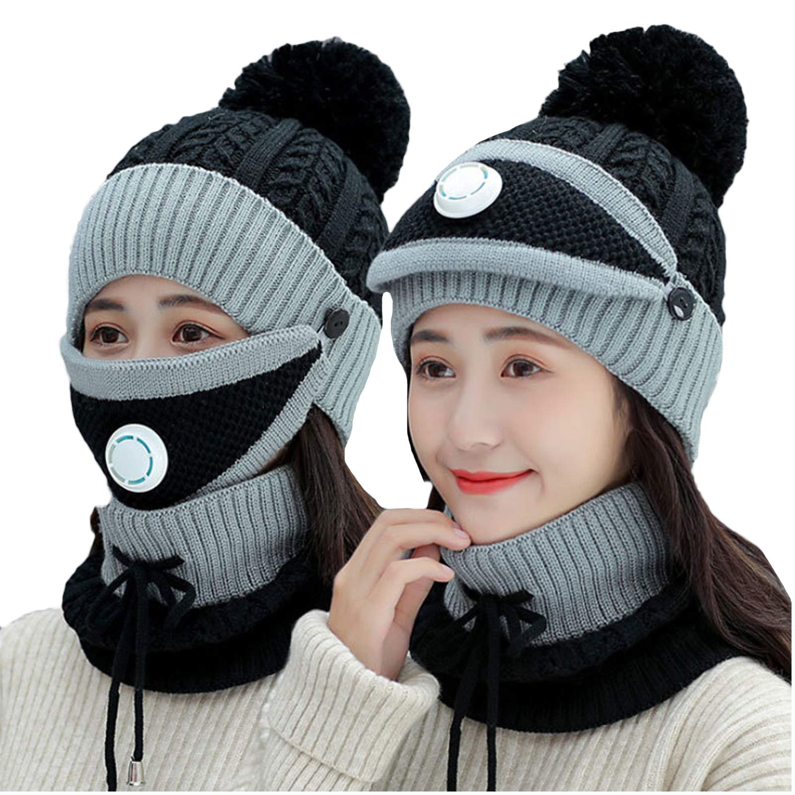 DREYOLIFE Fleece Lined Women Knit Beanie Scarf Mouth Mask Set for Girl Winter Ski Hat with Pompom