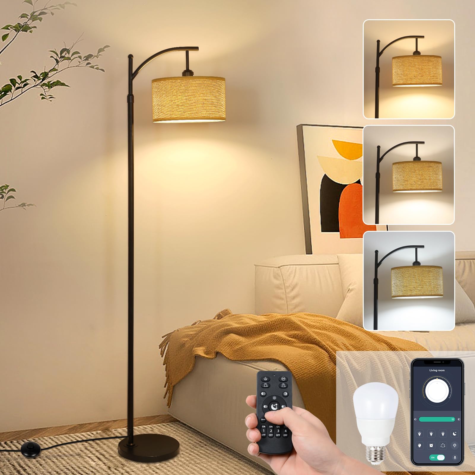 Lambaolom RGB Boho Floor Lamp – Rattan Style, App & Remote Control, 3 RGB Bulbs Included - View #6