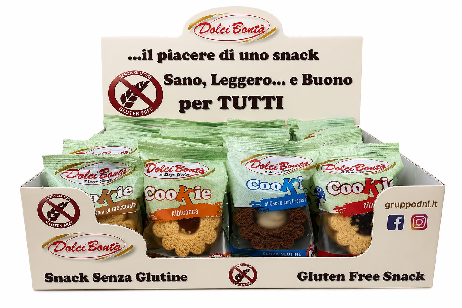 Biscotti Senza Glutine Monoporzione 28 Pezzi da 40g Assortiti 4 Gusti Giandui Albicocca Ciliegia Crema Latte Snack Dolce Box Espositiva Pratica per Casa Ufficio e Bar