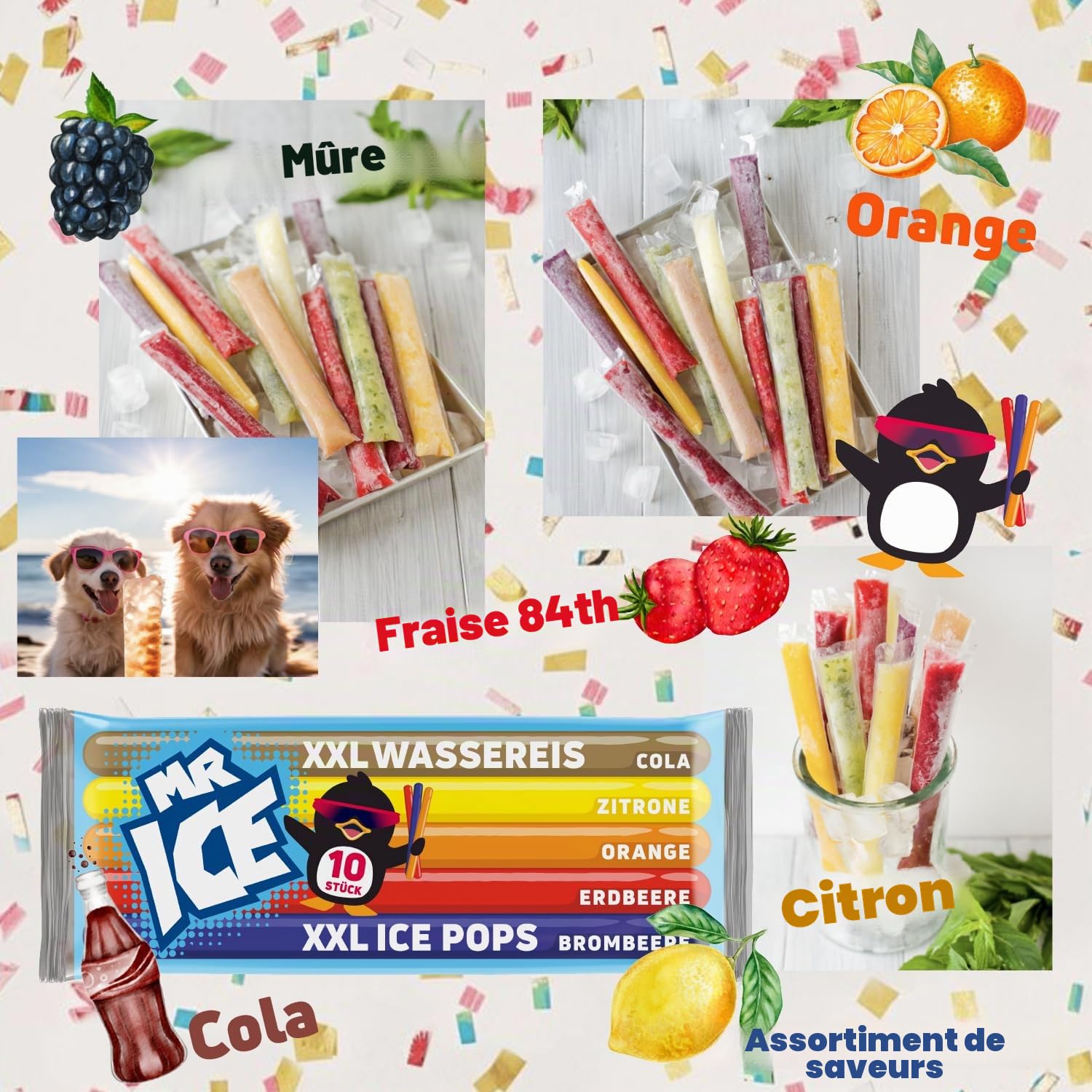MR ICE Wassereis XXL 30 x 600ml | 300 x bâtonnets de glace aux fruits avec 60ml chacun - Gros paquet de bâtonnets de glace avec 5 x saveurs | à congeler