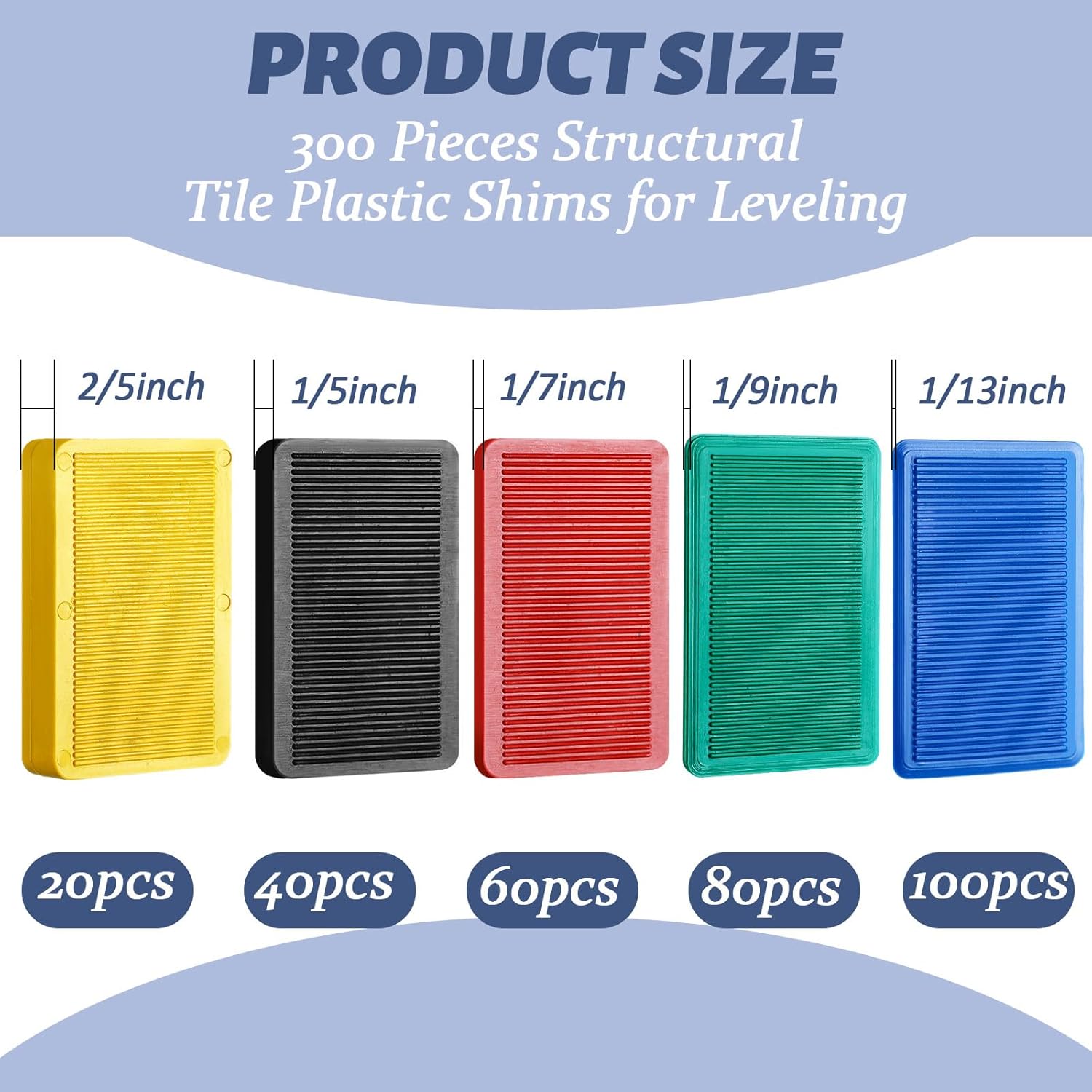 Pangda 300 Pieces Structural Tile Plastic Shims for Leveling 1/13'', 1/9'', 1/7'', 1/5'', 2/5'' Plastic Flat Furniture Shims for Toilet Door, Yellow Red Black Green and Blue