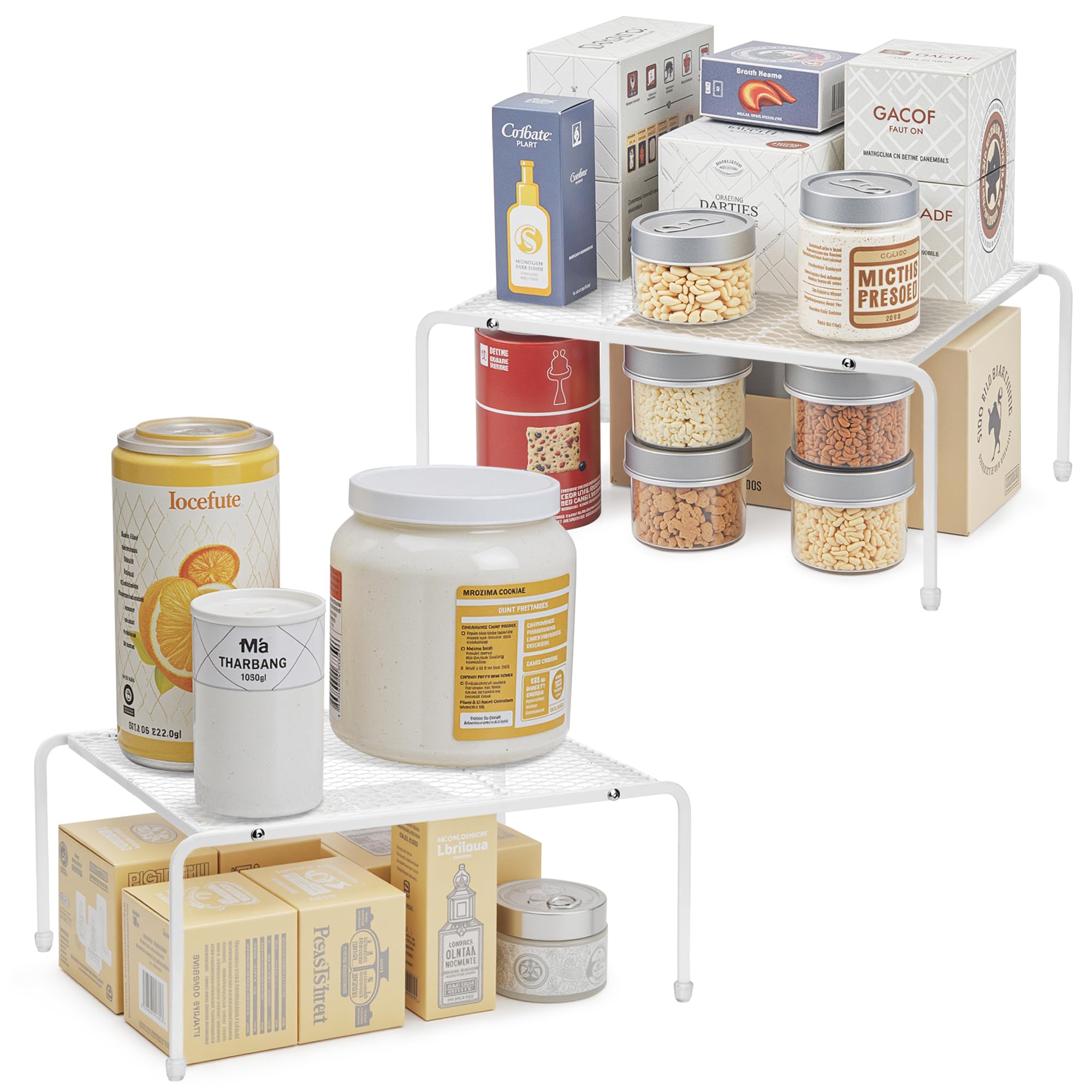 ROFAY 2-Pack Kitchen Cabinet Organizers and Storage Shelves, Metal Mesh Pantry Shelf Risers for Countertops and Cupboards, Expandable Rack for Dishes, Plates, Spices, and Jars - White