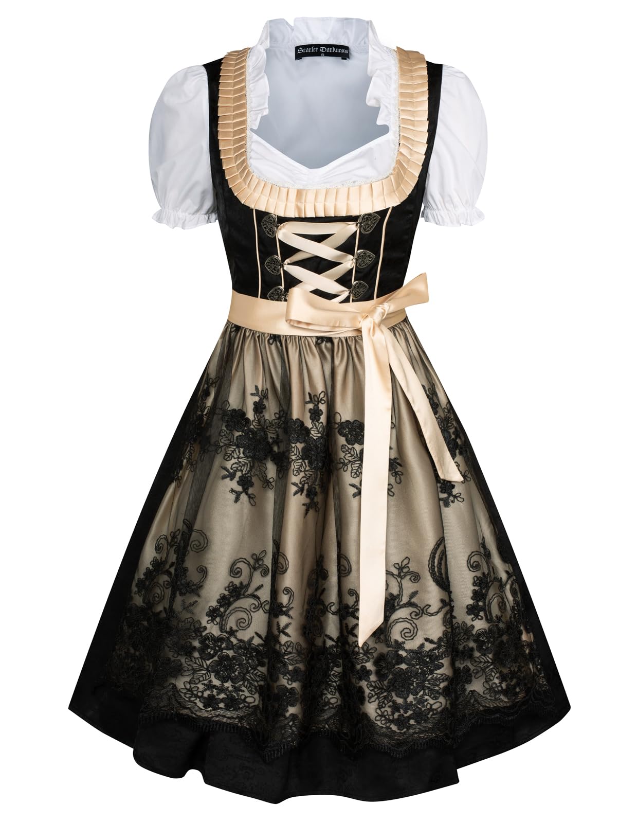 SCARLET DARKNESS Dirndl 3 TLG Satinkleid,Rüschenbluse,Spitzenschürze Midi Dirndl Oktoberfest