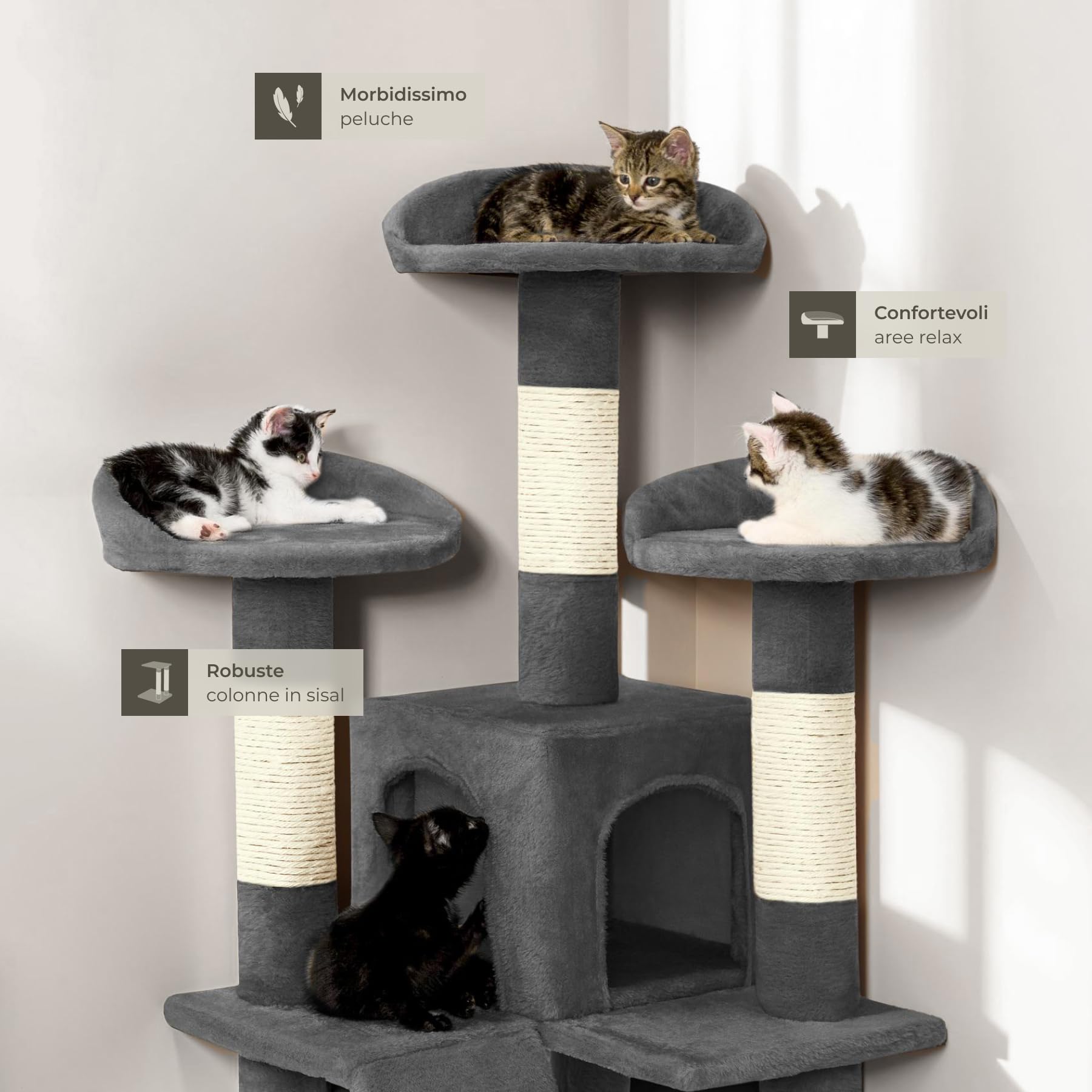 tectake® Tiragraffi per Gatti con Casette, Tiragraffi Gatto con Piattaforme e Colonna Grattatoio, Albero per Gatti Altezza 170 cm, Torre Gatti per Interni, Casa per Gatti - Grigio