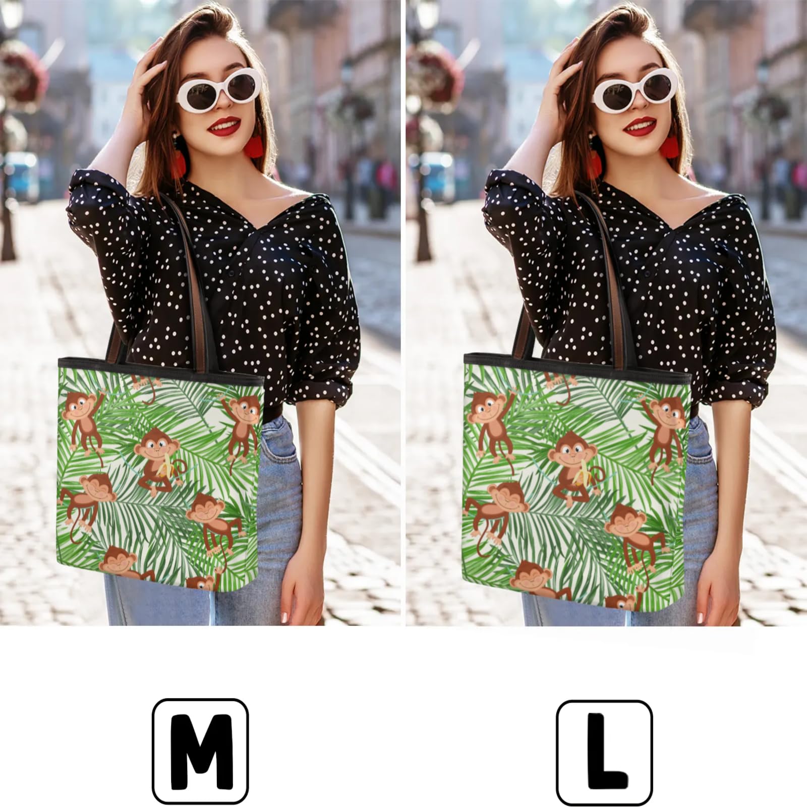 Palm Banana Monkeys Tote Bag Multi Pocket Zippered Beach Bag Lightweight Waterproof Handbag for Women Men Work Gym Travel Swimming Yoga Grocery Shopping M