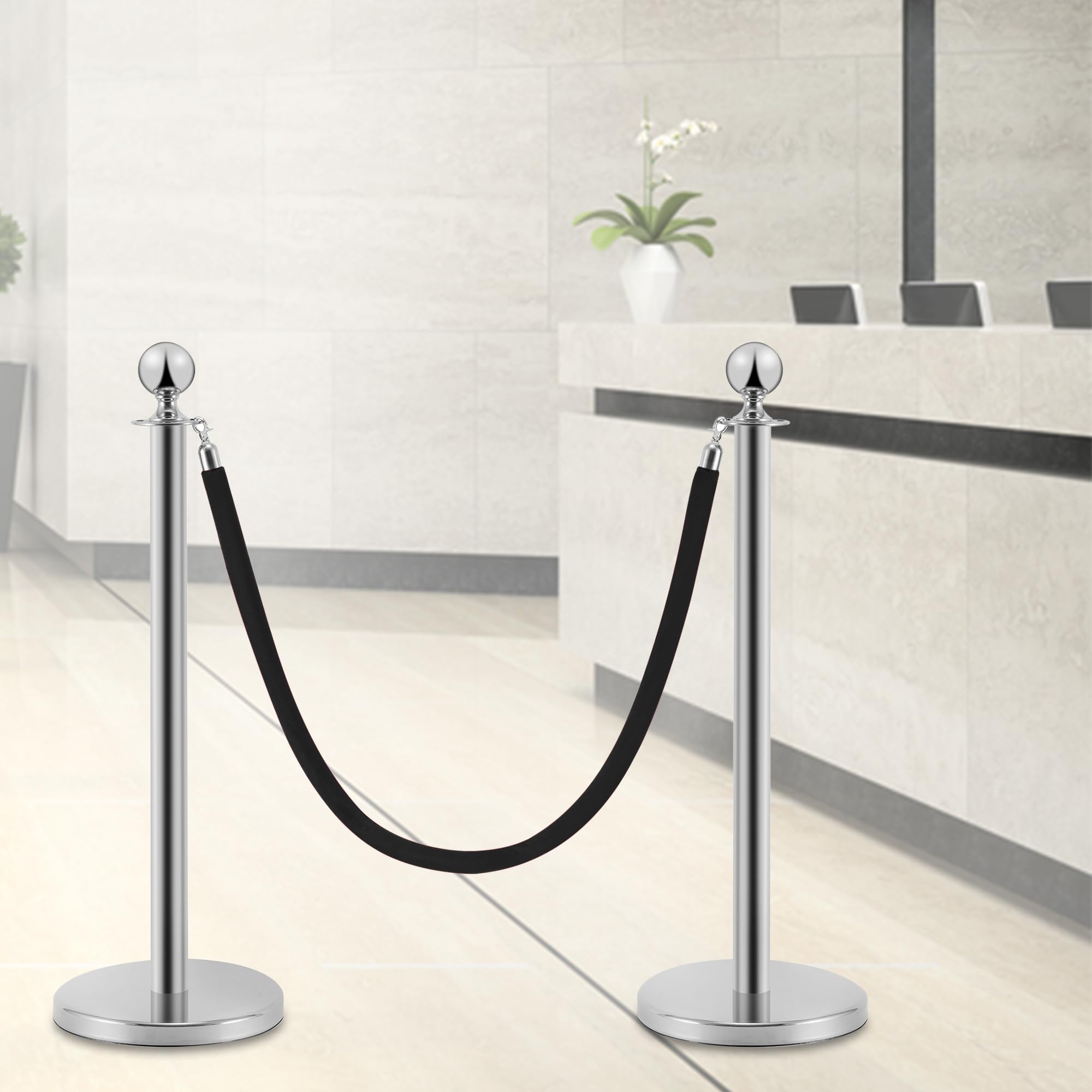 Transenne Separacode in Acciaio Inox 2 Pezzi, 90 cm di Altezza, Argentate con Corda di Velluto Nero da 1,5 m, Collegamento a 4 Vie, Base di 31 cm di Diametro, Controllo delle Folle