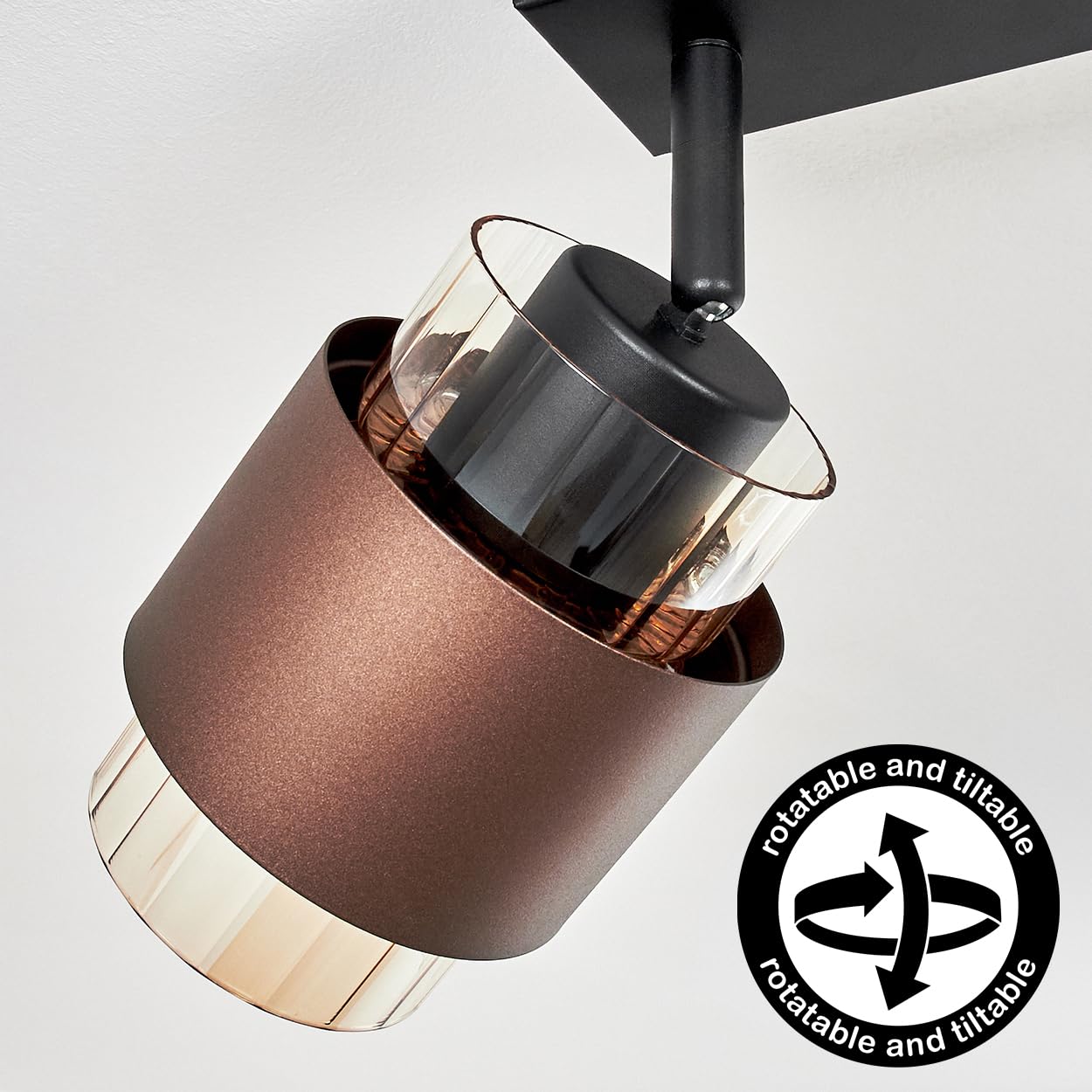 HOFSTEIN Lampada da soffitto Traak, 2 luci in metallo/vetro scanalato in nero/bronzo/ambra, lampada regolabile con interruttore sulla cassa, 2 x E27, sala da pranzo, cucina, soggiorno, camera da letto