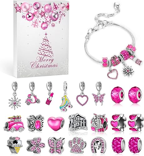 MJartoria Calendario de Adviento de Pink Jewelry 2023 para niñas adultas, joyería rosa intenso, cuenta regresiva de 24 días de Navidad, incluye