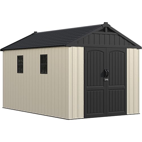Greesum 8×12 FT Plastic Outdoor Storage Shed with Floor, Resin Sheds with Window and Lockable Door, Weather Resistant Organization for Garden, Lawn, Pool Supplies, Beige