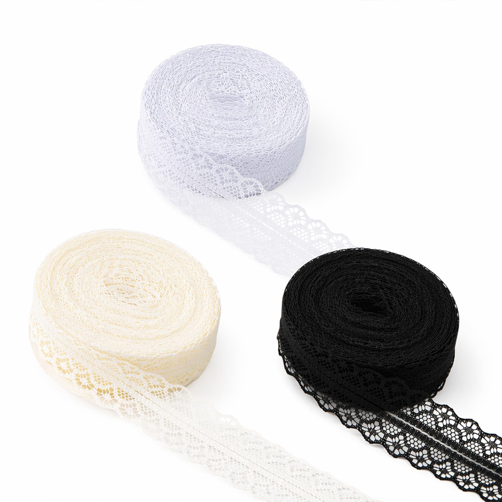 Daxiangsheng Vintage Lace Ribbon for DIY Crafts, White Black Beige 3 Rolls