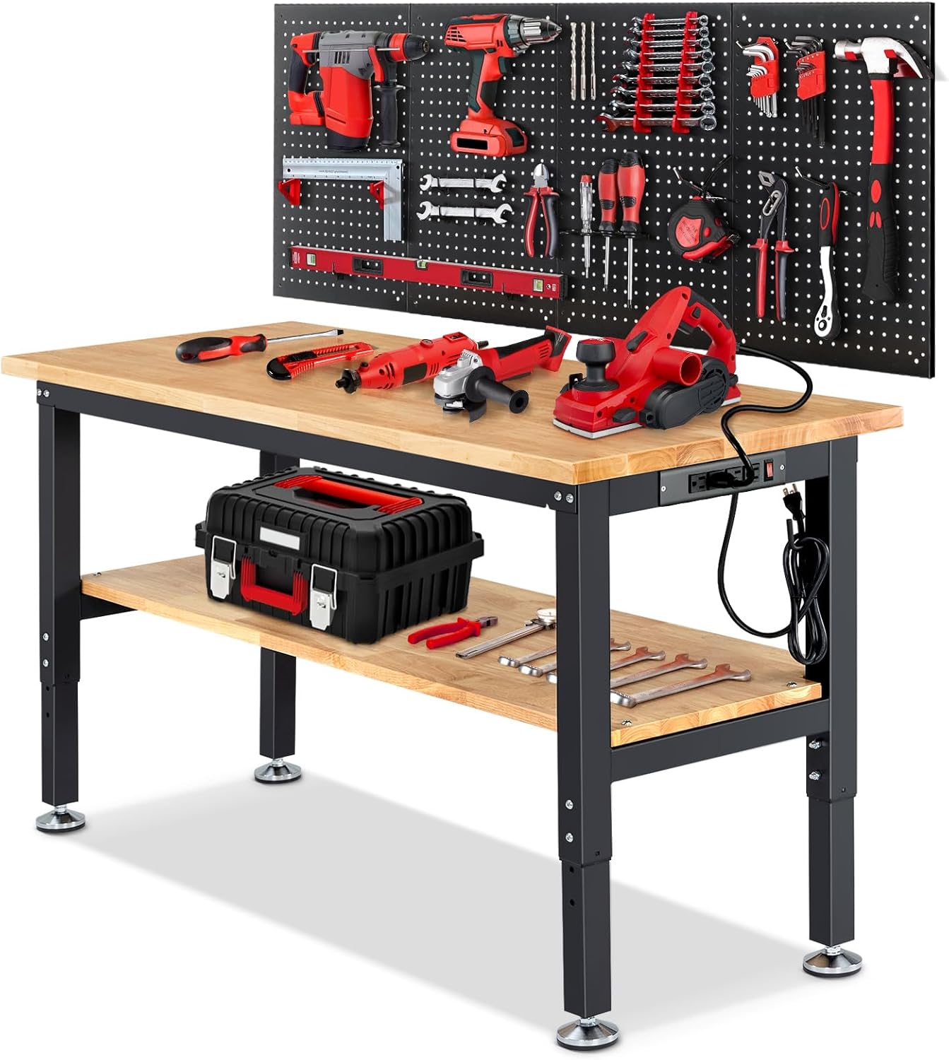 Adjustable Height Work Bench 60x 22 Workbench for Garage Work Table with Under Table Shelf for Shop Woodworking, Heavy Duty Rubber Wood Top for Office, Home, Commercial Double Layer / 60"x22"