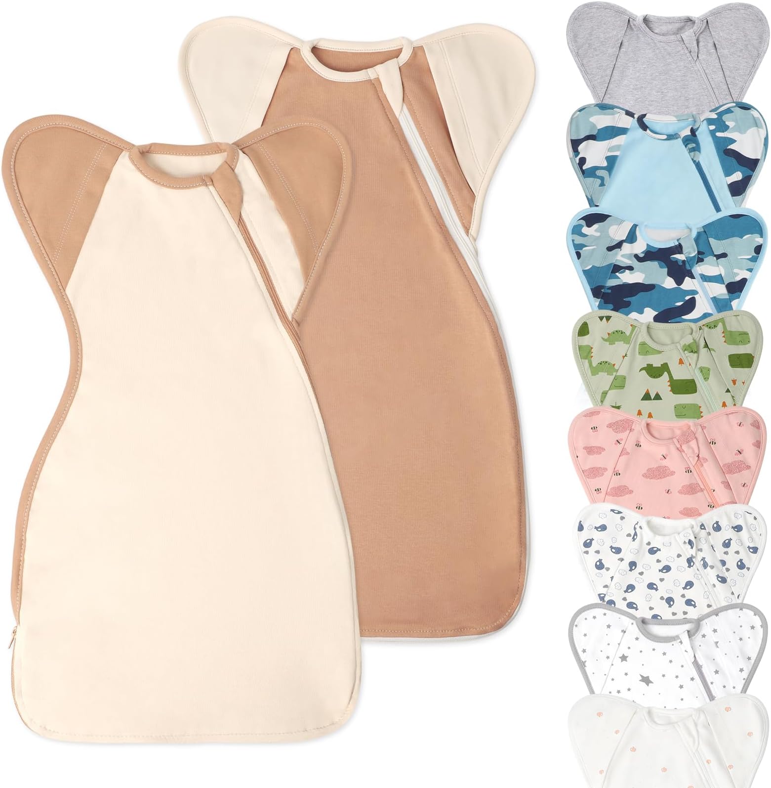 Newborn Baby Swaddle Blanket Sleep Sack 0-3 Months, Arms Up Swaddles 2 Packs Cotton, Hands Up 3-Way Transitions to Arms-Free Wearable Sleeping Sack Bag for Boys Girls Snug Fit Calms Startle Reflex