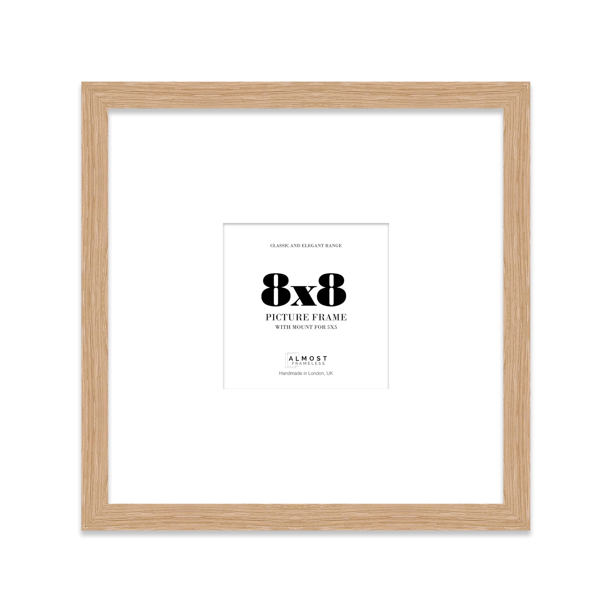 Almost Frameless 8x8 Square Picture Frame, Display Pictures 5x5 With Mat or 8x8 Without Mat, Wall Hanging & Free Standing Photo Frame, Oak, 1 Pack