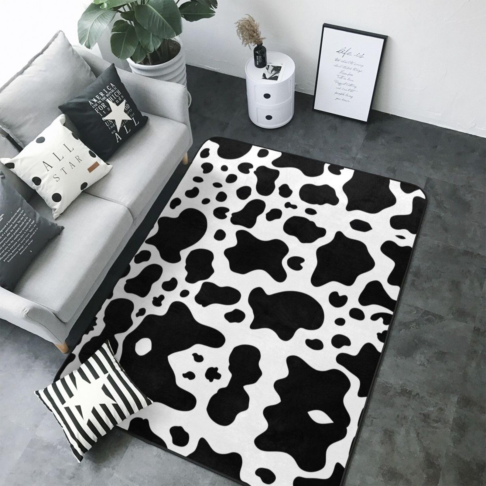 Tappeto in finta pelliccia con stampa di mucche bianche e nere, 203,2 x 147,3 cm, accogliente coperta antiscivolo per soggiorno, camera da letto e altro ancora