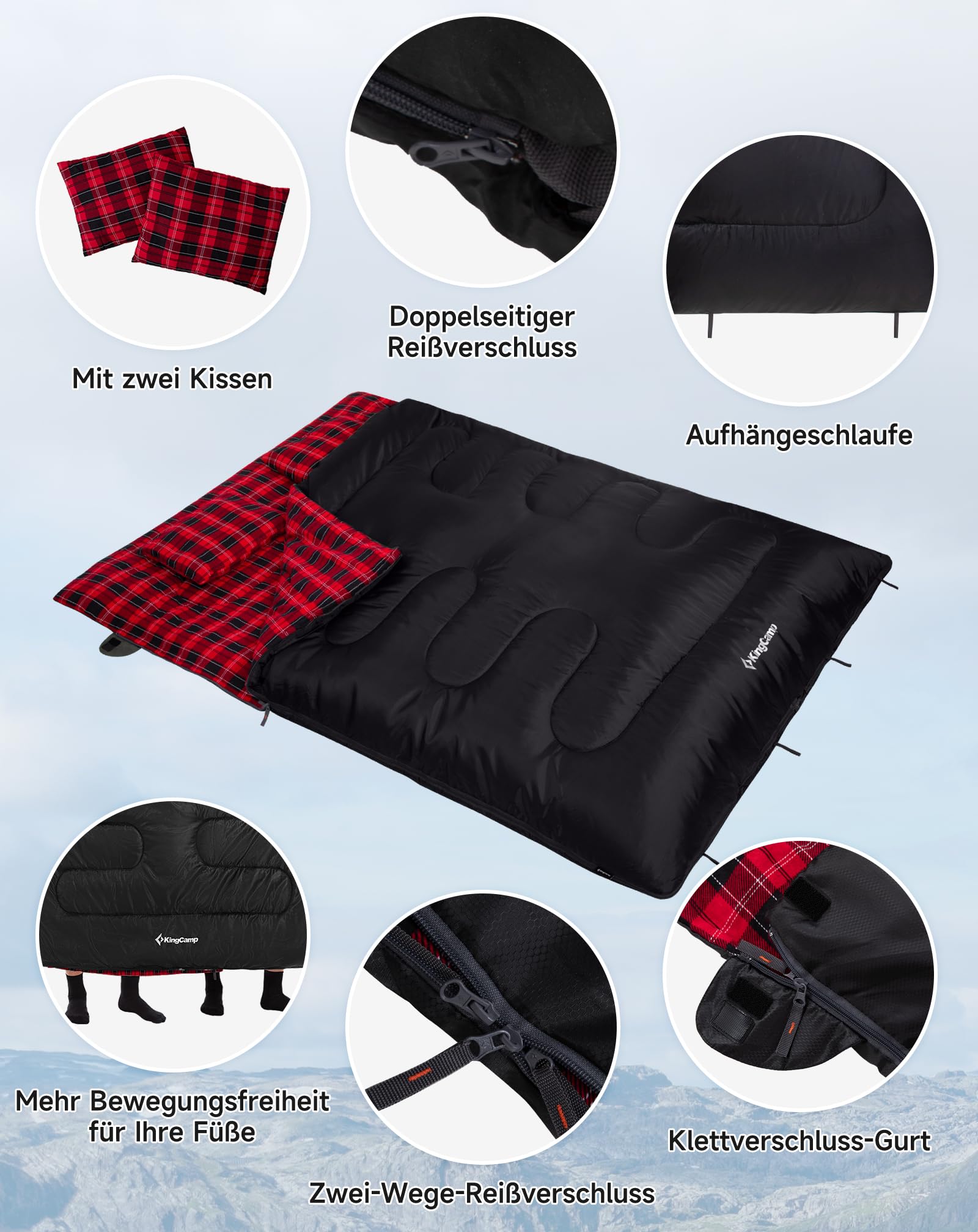 KingCamp Doppelschlafsack Baumwolle Flanell Winter Schlafsack 2 Personen Warmer Deckenschlafsack 3-4 Jahreszeiten mit 2 Flanell Kissen für Kinder & Erwachsenen Camping Reisen und Aktivitäten Outdoor