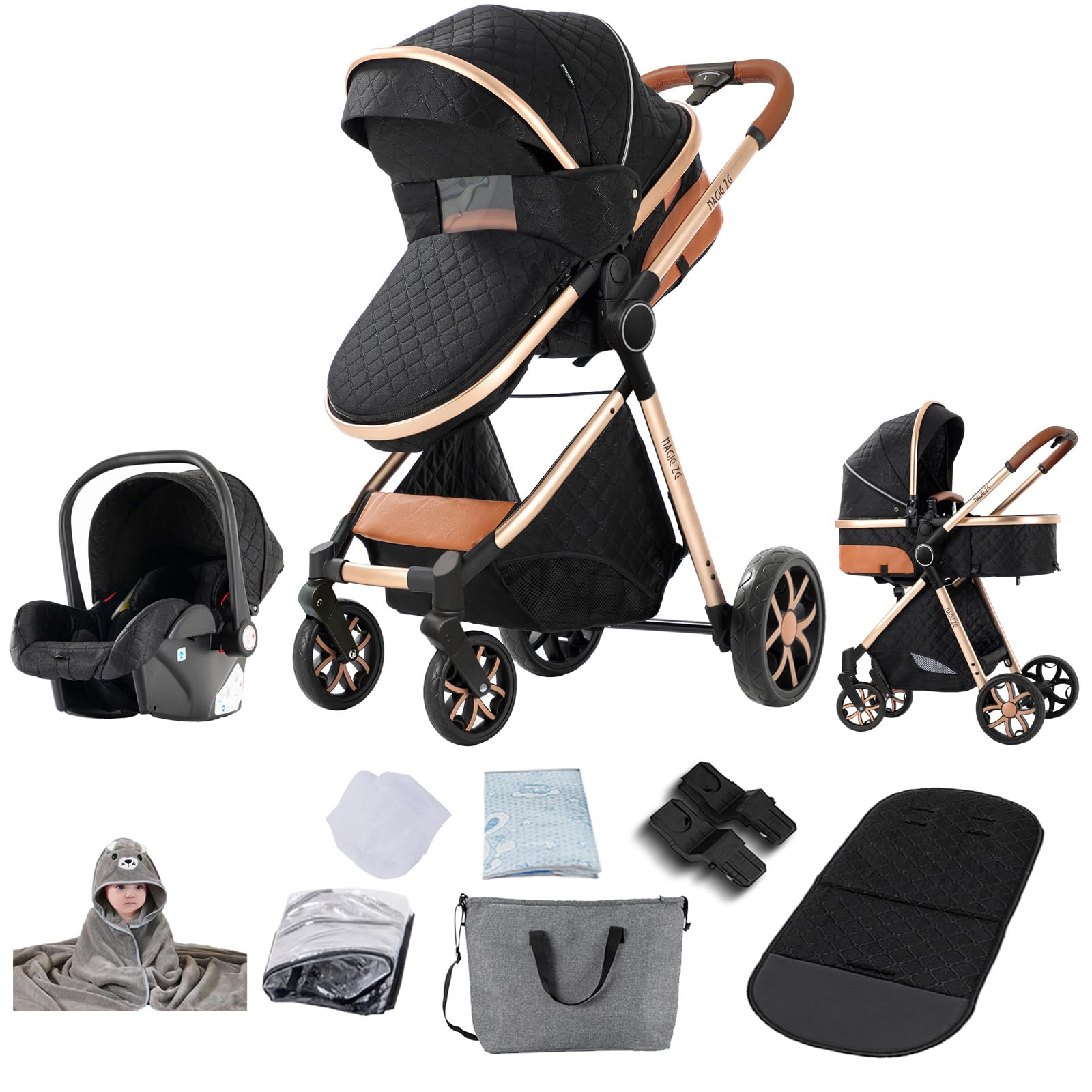Prokoke Kinderwagen 3 in 1, Kinderwagen Set Einem Klick Faltbar, Kombikinderwagen 3 in 1 mit Umkehrbarem Zwei-Wege-Schub, Buggy Rahmen Aluminiumlegierung Baby Kleinkind Neugeborene (225 Black)