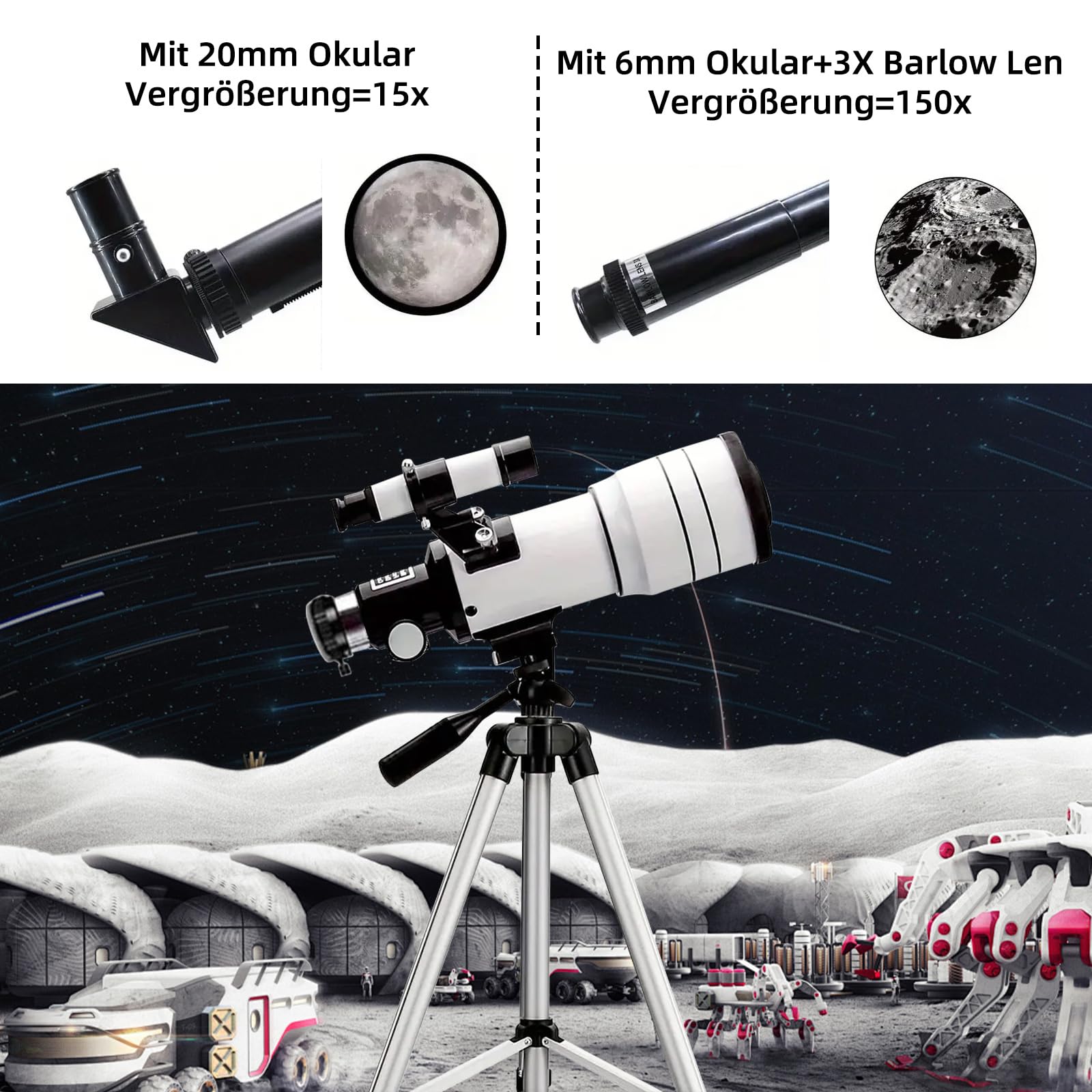 ACESOME Teleskop für Kinder Erwachsene, Telescope Astronomy Vergrößerung 15-150x, 70mm Spiegelteleskop, Teleskop mit Handyhalterung und Sonnenfilterfolie