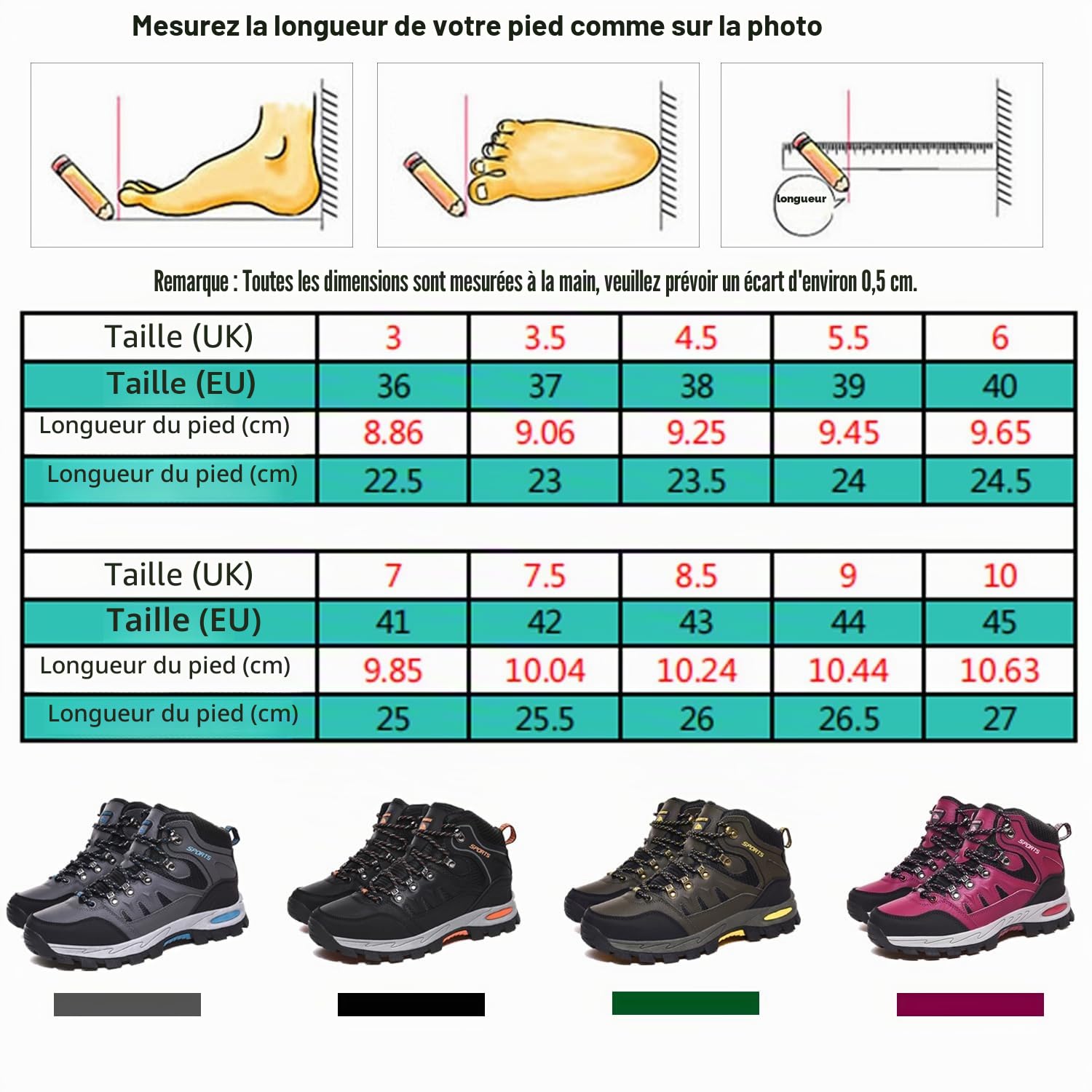 Bottes de randonnée imperméables pour homme et femme - Chaussures de randonnée légères pour le camping et l'escalade, Noir , 44 EU