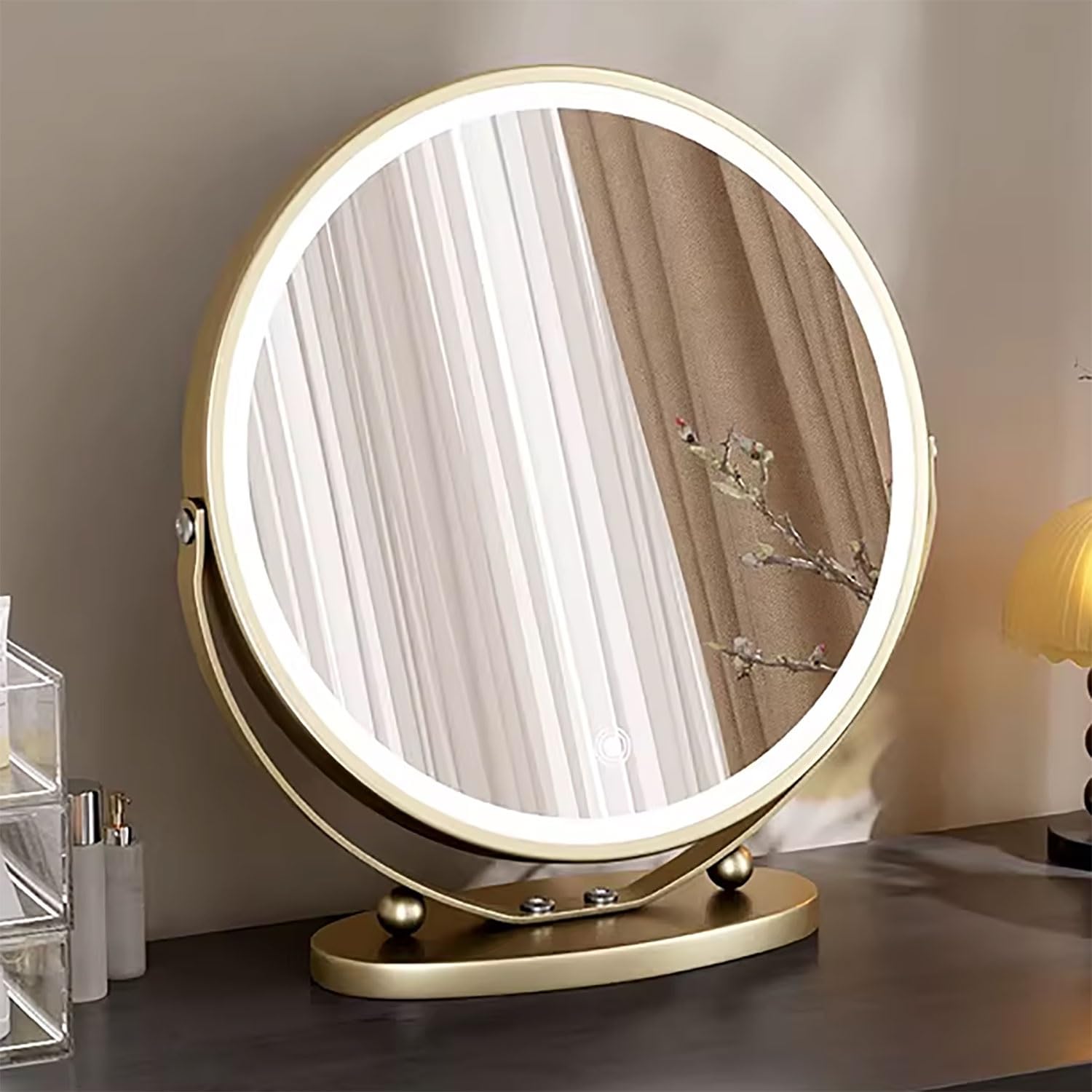 Okrągłe lusterko kosmetyczne LED do makijażu ze sterowaniem dotykowym, obrót o 360°, jasne oświetlenie do toaletki lub sypialni, idealne do makijażu i pielęgnacji