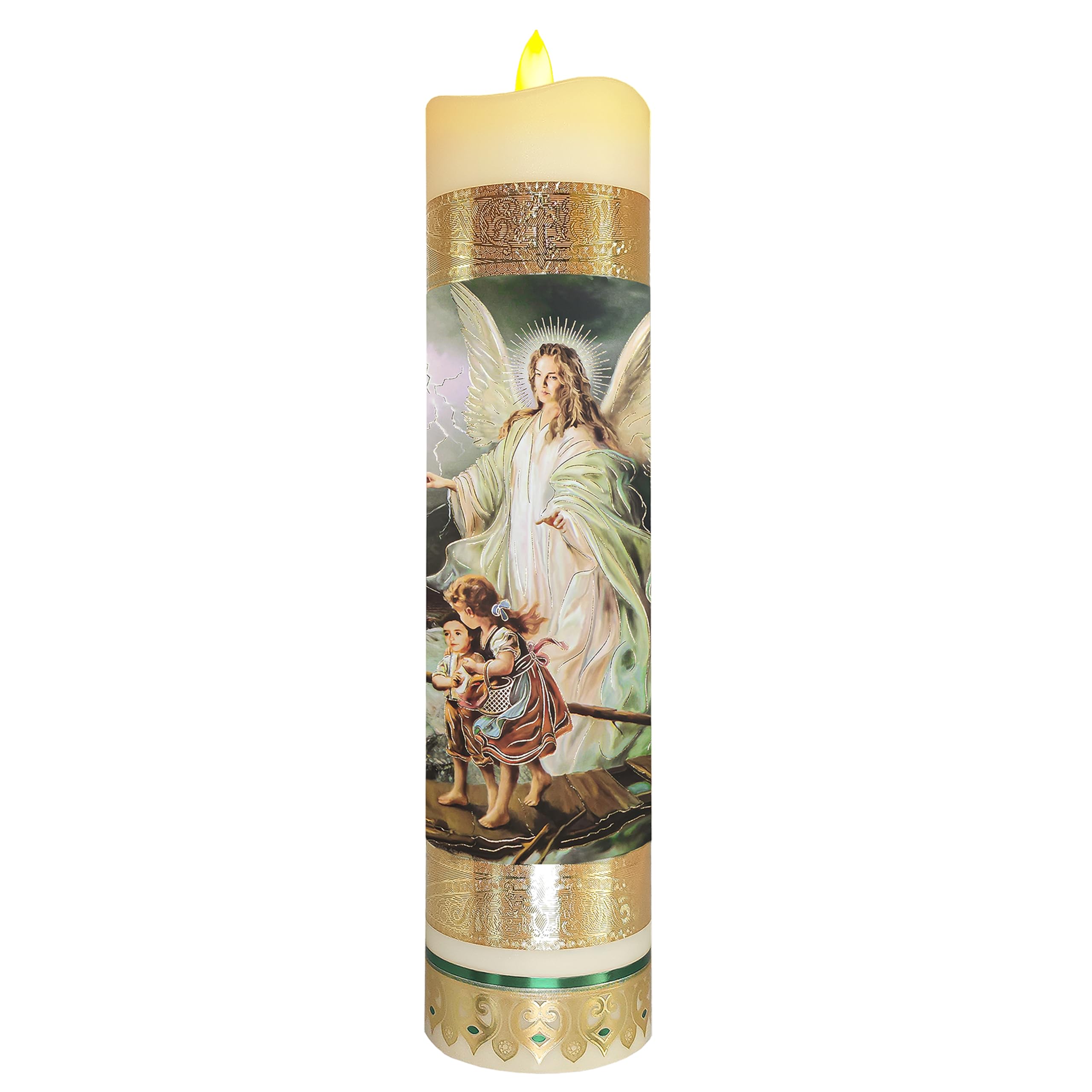 Guardian Angel Flameless LED Devotional Prayer Candle Religious Gold Foil Decoration for Home, Office, or Place of Workship