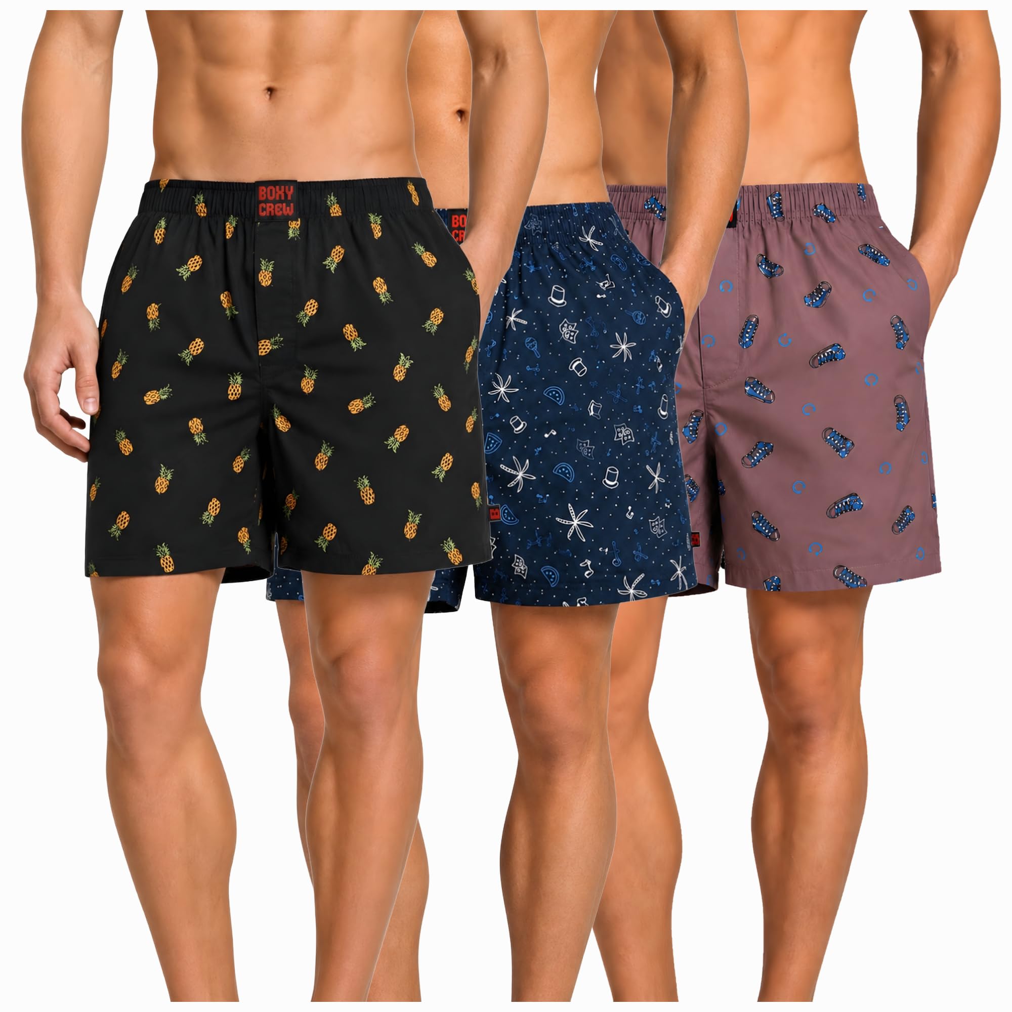 Men's 100% Cotton Boxer Shorts Pack of 3, Charcoal, Navy Blue & Mauve | Woven Boxers with Side Pockets, No-Marks Elastic Waistband, Breathable Relaxed Fit | Style 004-007-015-image-24