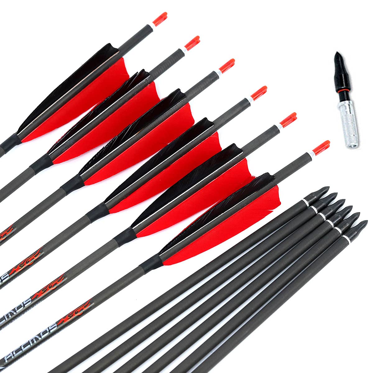 ACCMOS 33 Pollici Freccia in Carbonio ID 6,2 mm Spine 300 con 4" Piuma di Tacchino Frecce da Caccia, per Arco Ricurvo Arco Composto Tiro con L'Arco 6 pzi (6pcs, Spine 300)