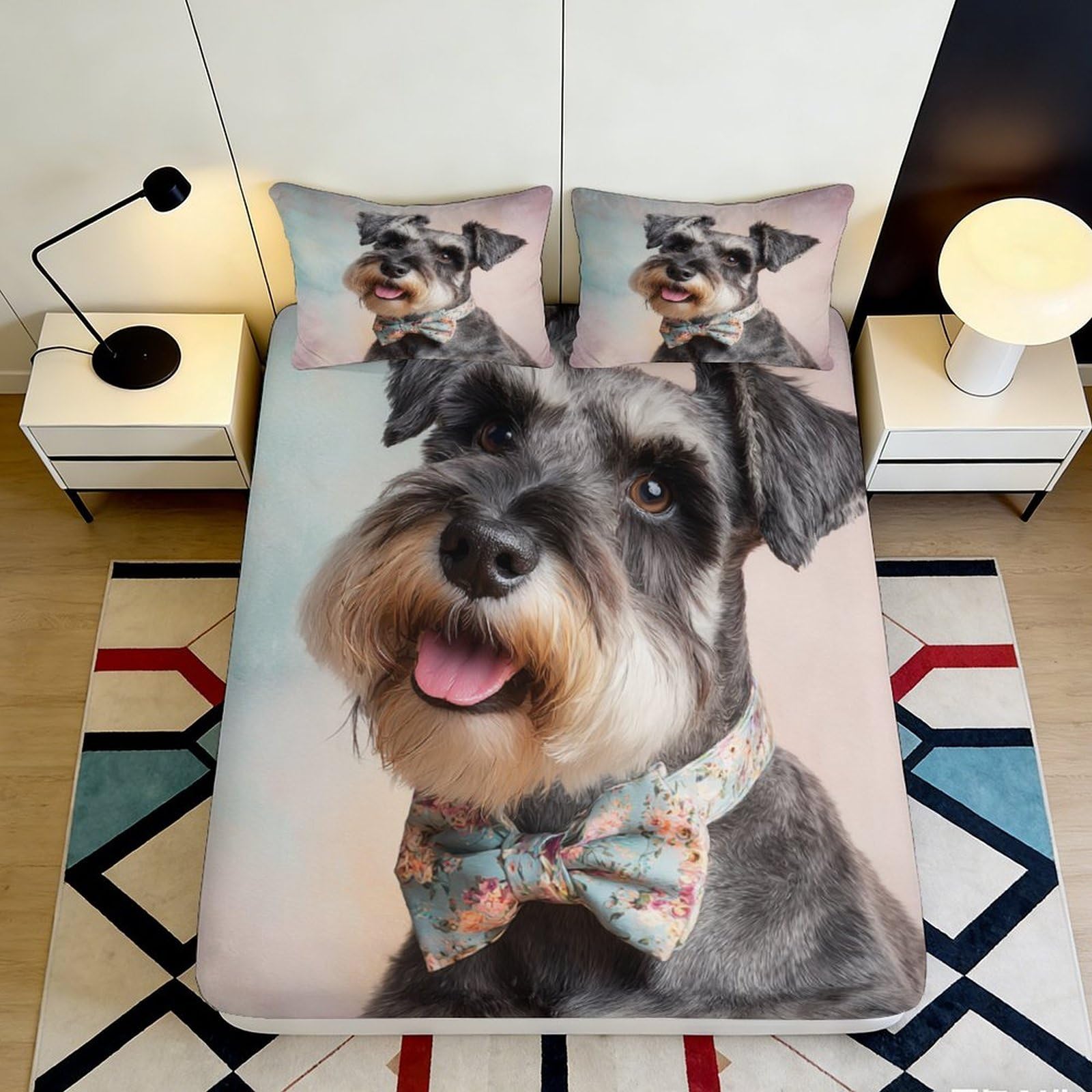 3D Printed Schnauzer Dog Pattern Fitted Sheet Microfiber Deep Pocket Bedroom Bedding Set Schnauzer Mattress Fitted Cover 180x200x25cm