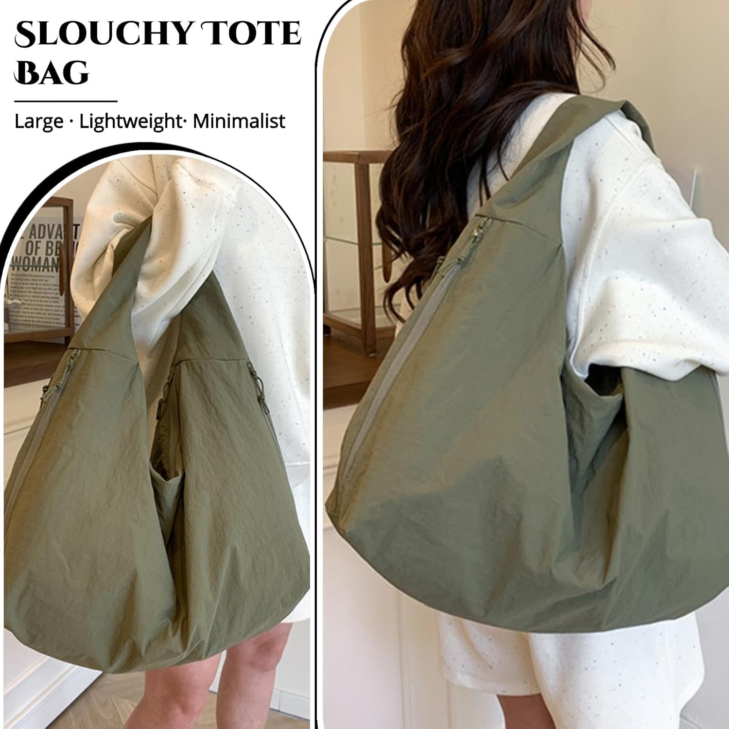 Slouchy Tote Bag for Women Large Nylon Shoulder Bag with Multiple Pockets Crescent Bag Underarm Hobo Bag for Travel Gym - Image 2