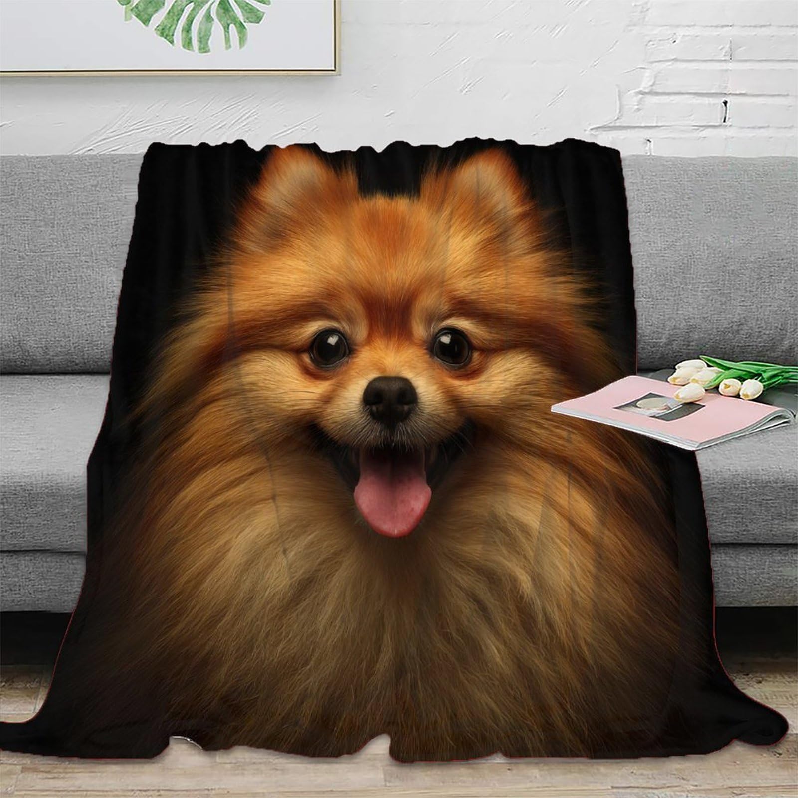 Plaid de voyage Pomeranian 150x200 en microfibre jeté de salon portrait chien