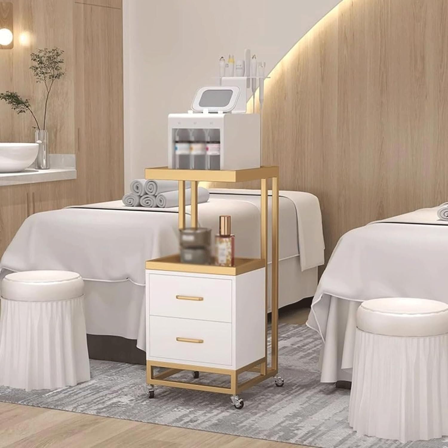 Wózek salonowy Metalowy wózek na kółkach Salon z 2 szufladami Wózek narzędziowy Taca na instrumenty Wózek salonowy Wózek kosmetyczny(A)
