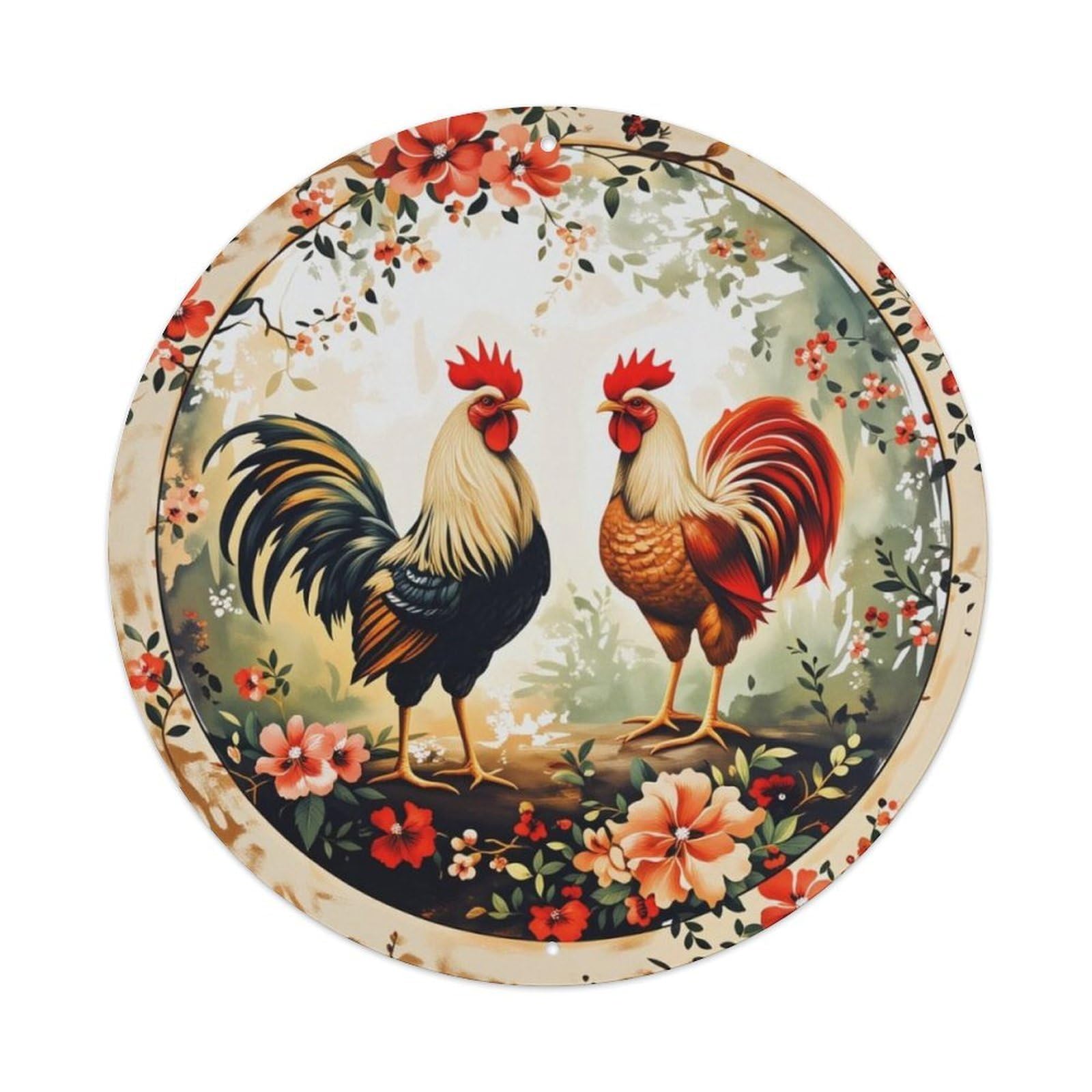 Ldfuieksufg Style Two Roosters Floral Farm Round Decor Sign Vintage Aluminium Metal Sign, Retro Wall Decor For Home, Bar, Garage & Farmhouse 20X20cm