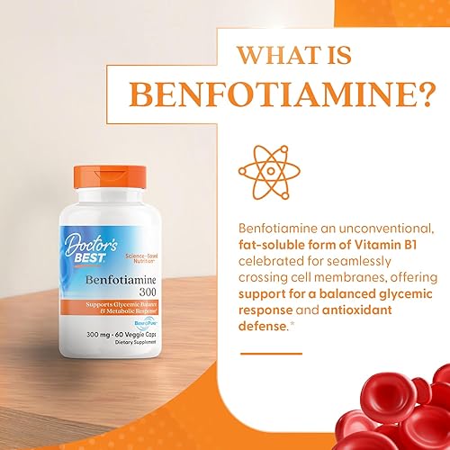 Vista 9 de Doctor's Best Benfotiamine 300 with BenfoPure, Helps Maintain Healthy Glucose Metabolism, Non-GMO, Vegan, Gluten Free, Soy Free, 300 mg, 60 Veggie