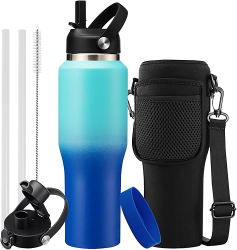 Miniatura 21 de Botella de agua de 32/40 onzas con estuche de transporte, botella aislada de acero inoxidable con tapa y pajita, taza térmica al vacío de doble