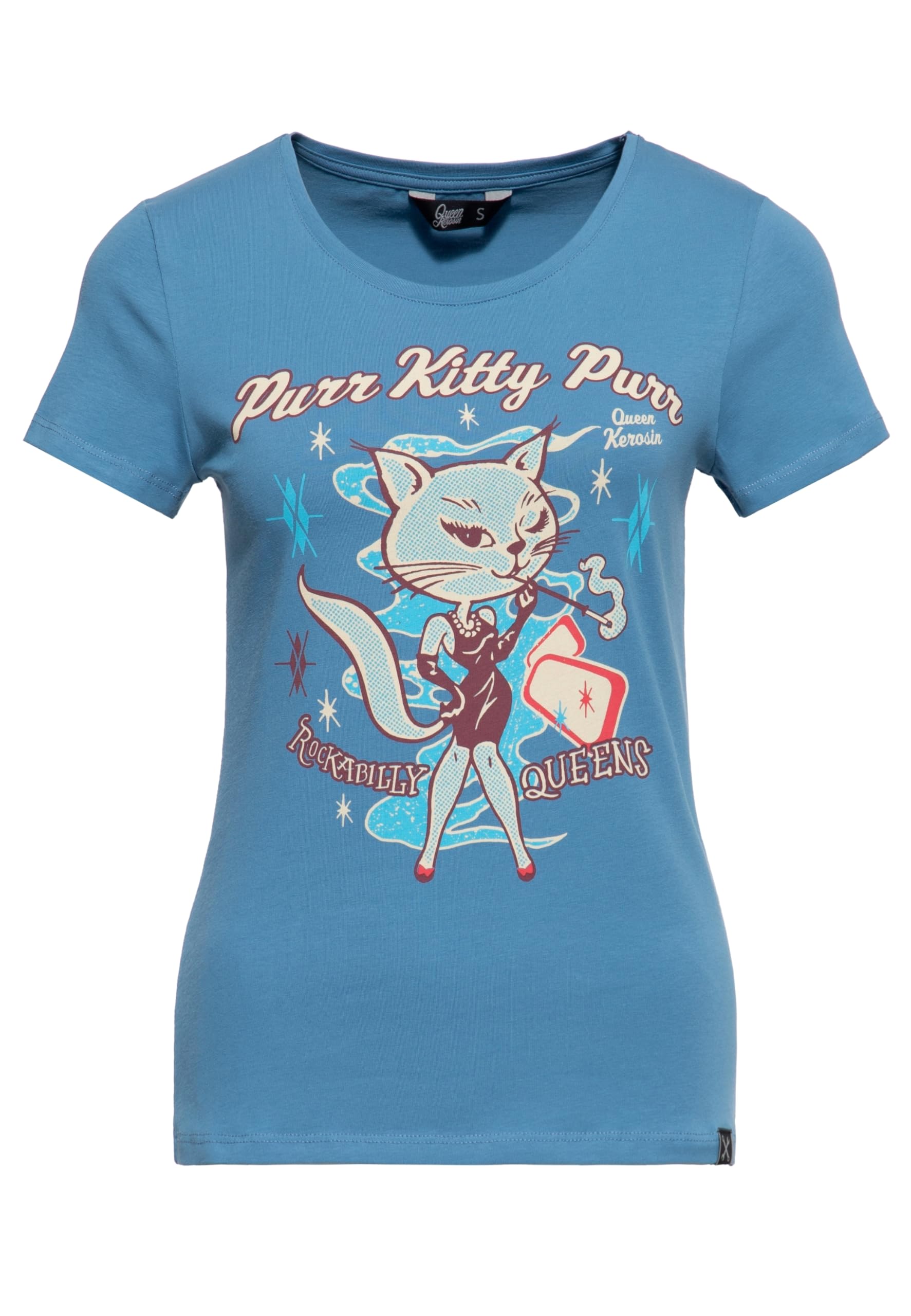 Queen Kerosin T-shirt pour femme | Rockabilly | Kitty | 50S | Coupe ajustée | Imprimé sur le devant | Rétro | Vintage | Rock'n'roll | Cat | Comic Art Purr Kitty Purr Kitty Purr