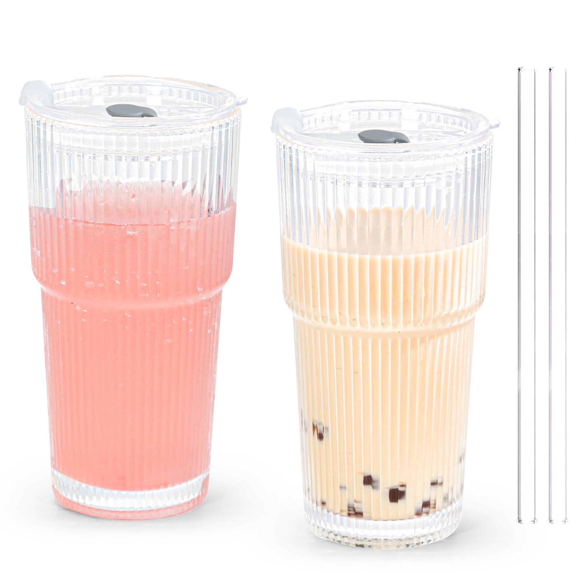 20oz Drinking Glass Set of 2 with Straw Lid Vertical Stripes Ribbed Iced Coffee Mugs Vintage Glass Cup for Tea Juice Soda Smoothie(Ribbed A*2 with Lid)