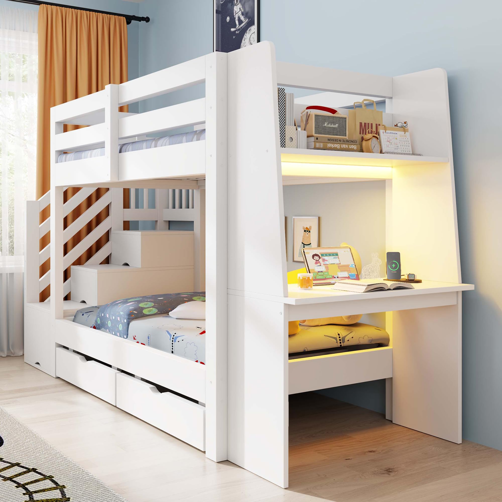 Etagenbett für Kinder, 90 x 200 cm, Holzrahmen mit Leiter, integriertem Schreibtisch, LED-Lichtleiste, Steckdose und Schubladen. Geeignet für Jugendliche und Erwachsene.Weiß