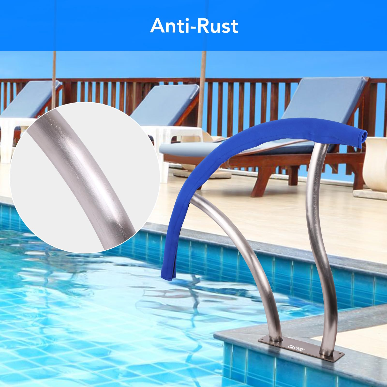 Garvee Pasamanos De Piscina De Acero Inoxidable, Par De 2, Plata | Con recubrimiento de agarre azul y montaje empotrado, para piscinas enterradas y spa, cada pasamanos mide 76 x 76 cm