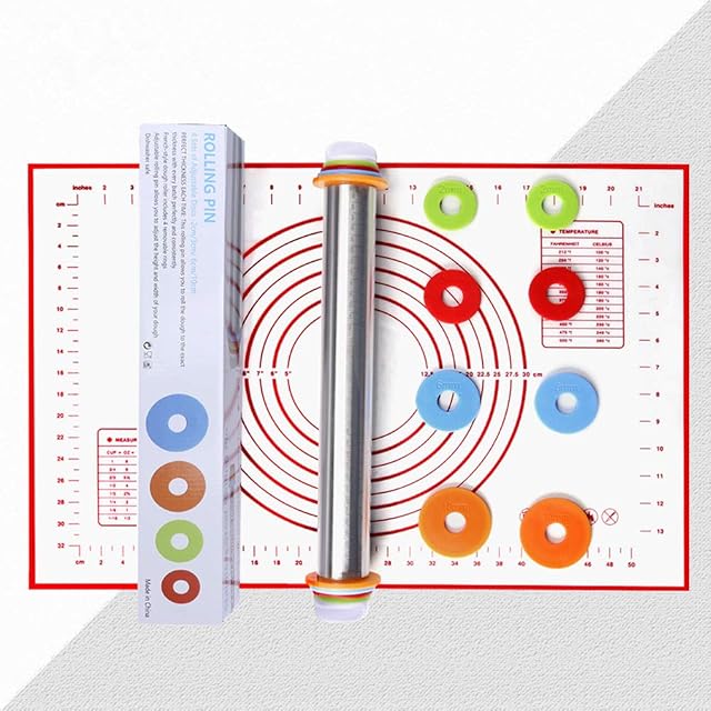 Rolling Pins Adjustable Non-Stick Fondant with Adjustable Discs and Measurement Marking + Silicone Baking Rolling Mat(40 * 60cm) for Pastry Rolling Baking Dough Pizza Pie Cookies